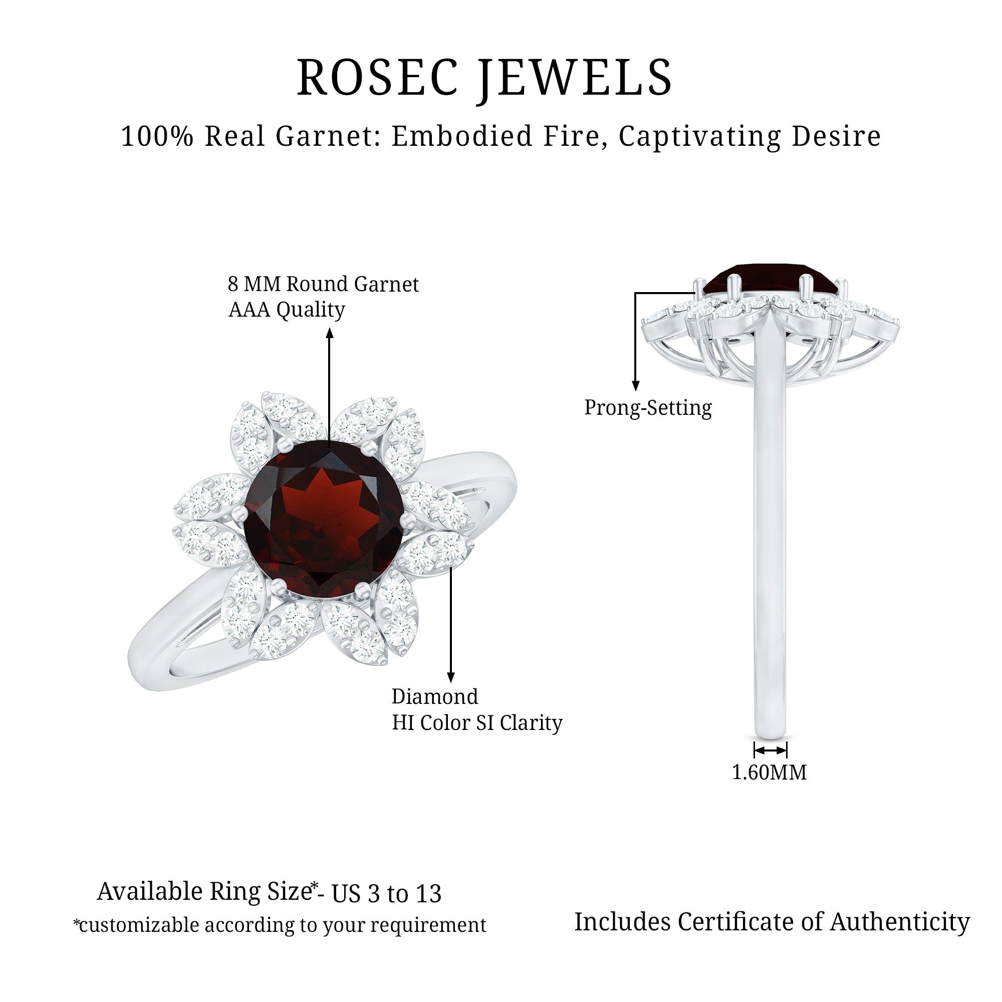 Certified Natural 8mm Garnet Flower Engagement Ring with Diamond AAA - Rosec Jewels