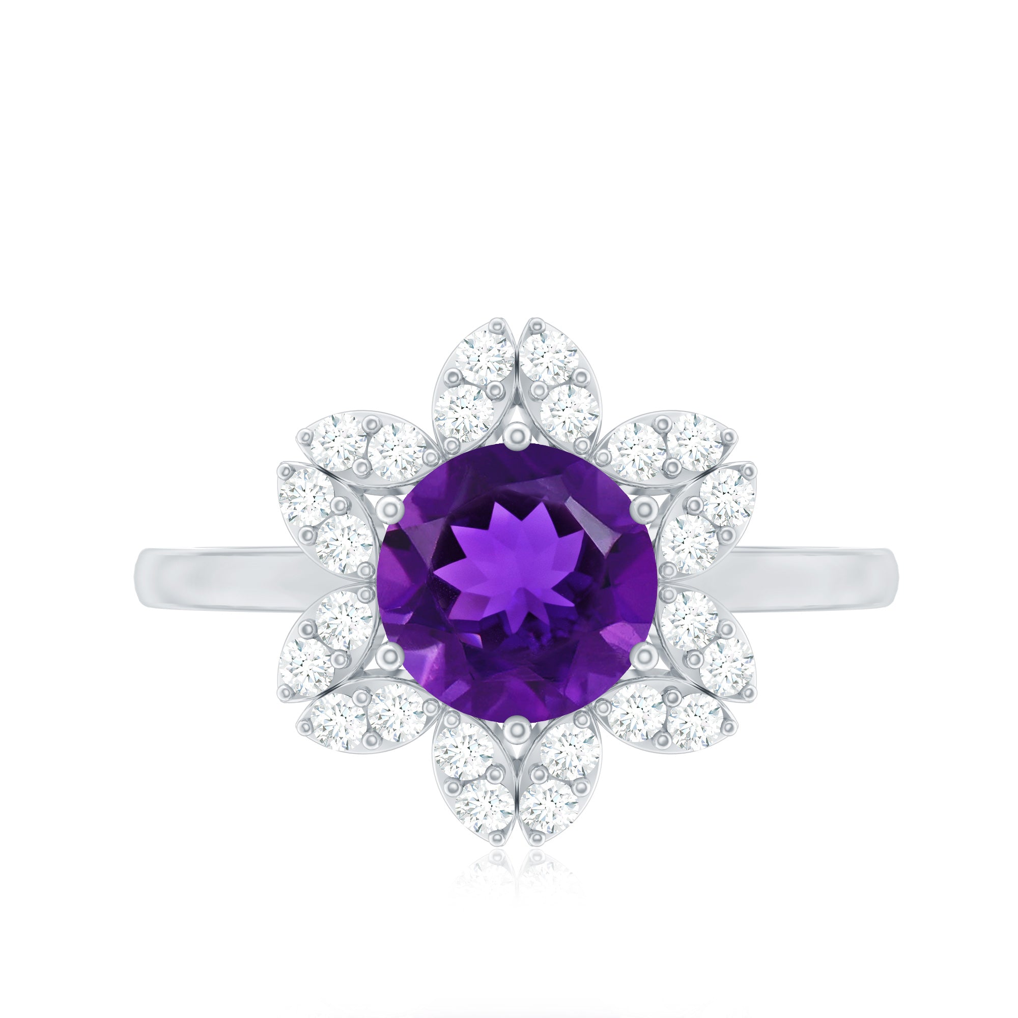 Round Amethyst Flower Engagement Ring with Diamond AAA - Rosec Jewels