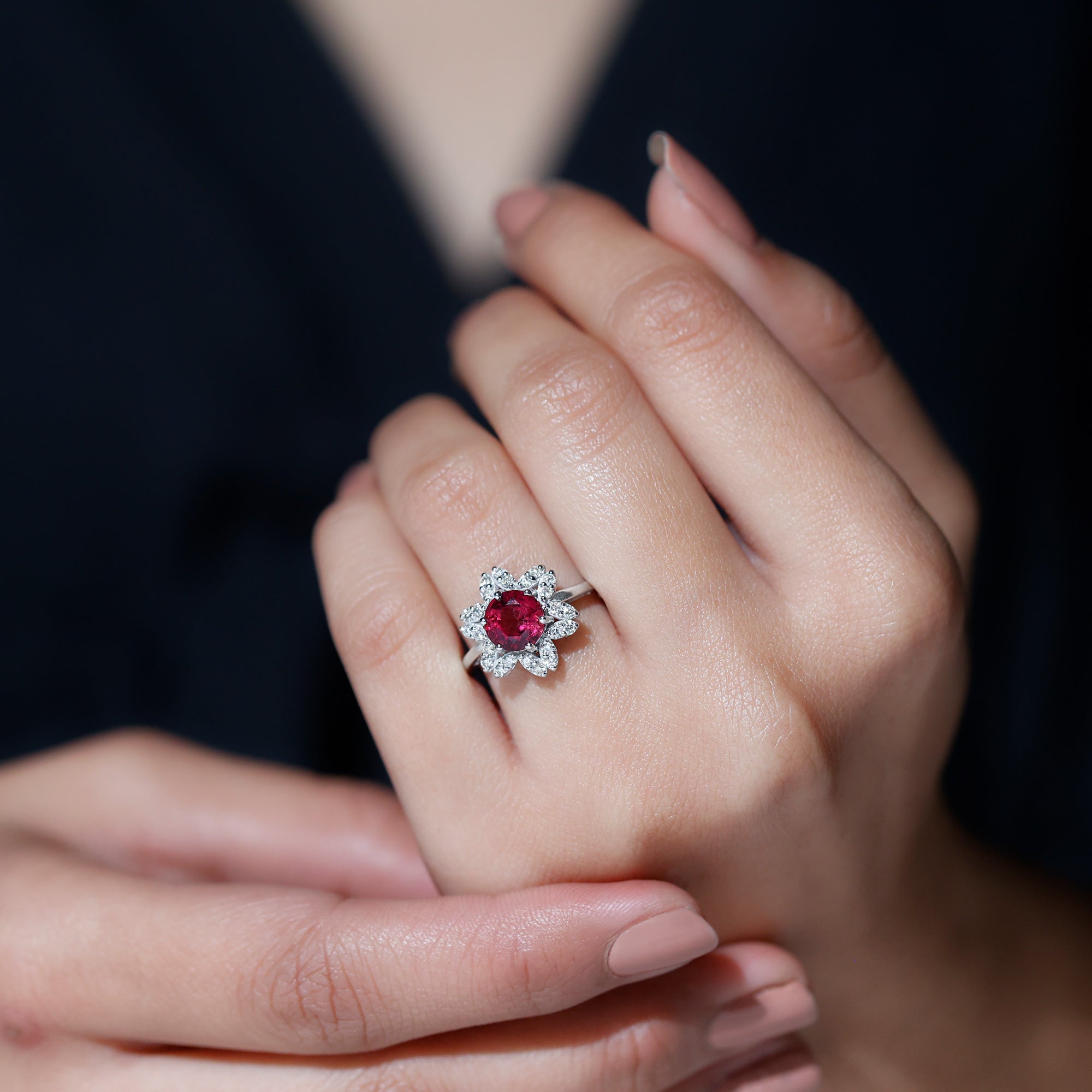 Real 1.2 Carat Round Pink Tourmaline Flower Engagement Ring with Diamond AAA - Rosec Jewels