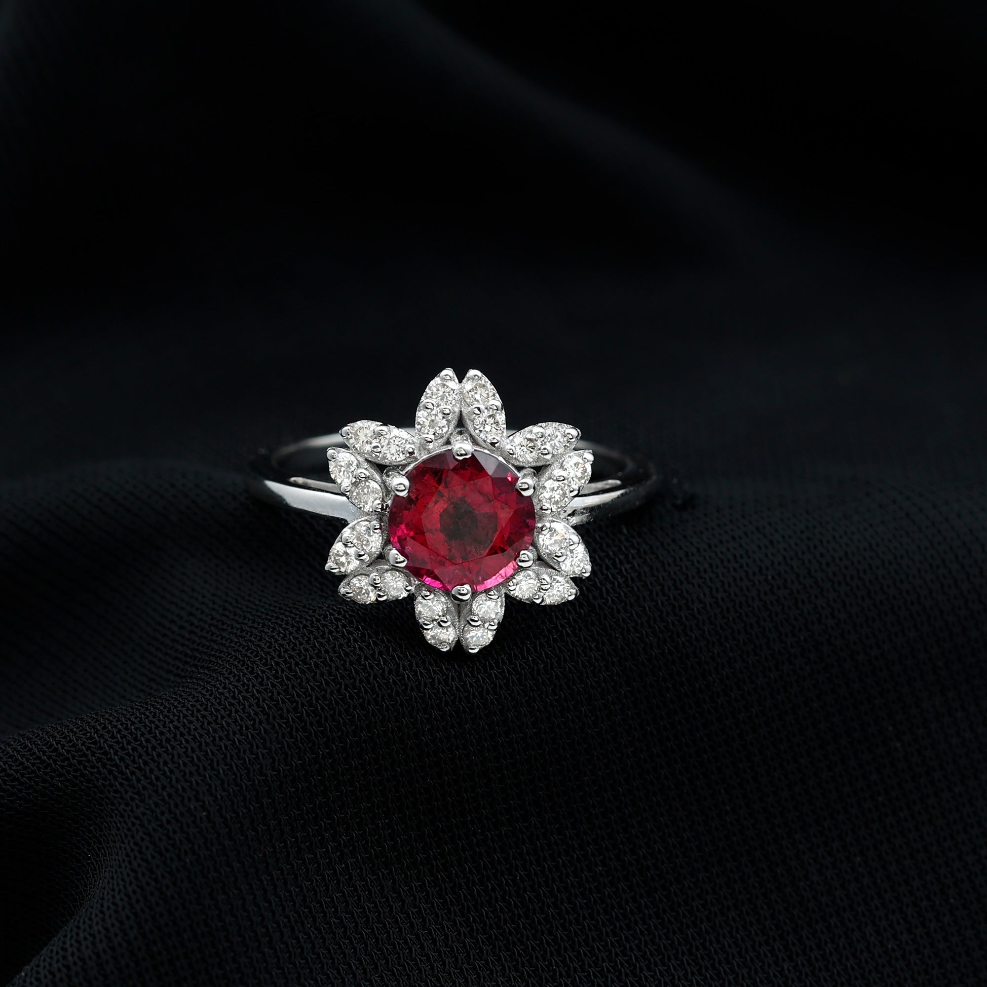 Real 1.2 Carat Round Pink Tourmaline Flower Engagement Ring with Diamond AAA - Rosec Jewels