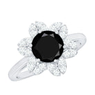 Genuine Round Cut Black Onyx Flower Engagement Ring with Diamonds AAA - Rosec Jewels
