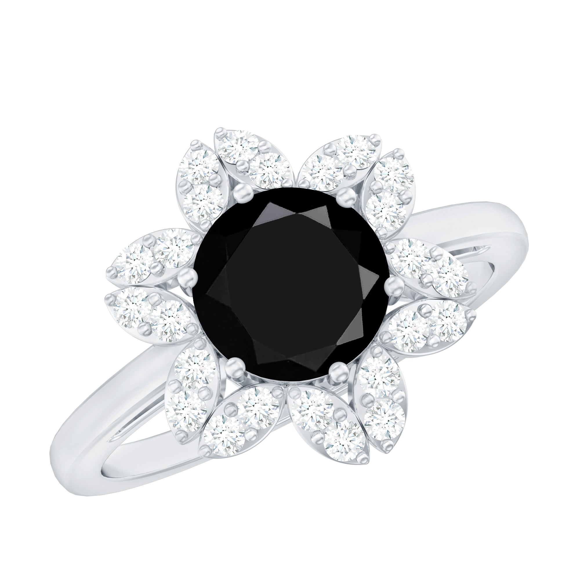 Genuine Round Cut Black Onyx Flower Engagement Ring with Diamonds AAA - Rosec Jewels