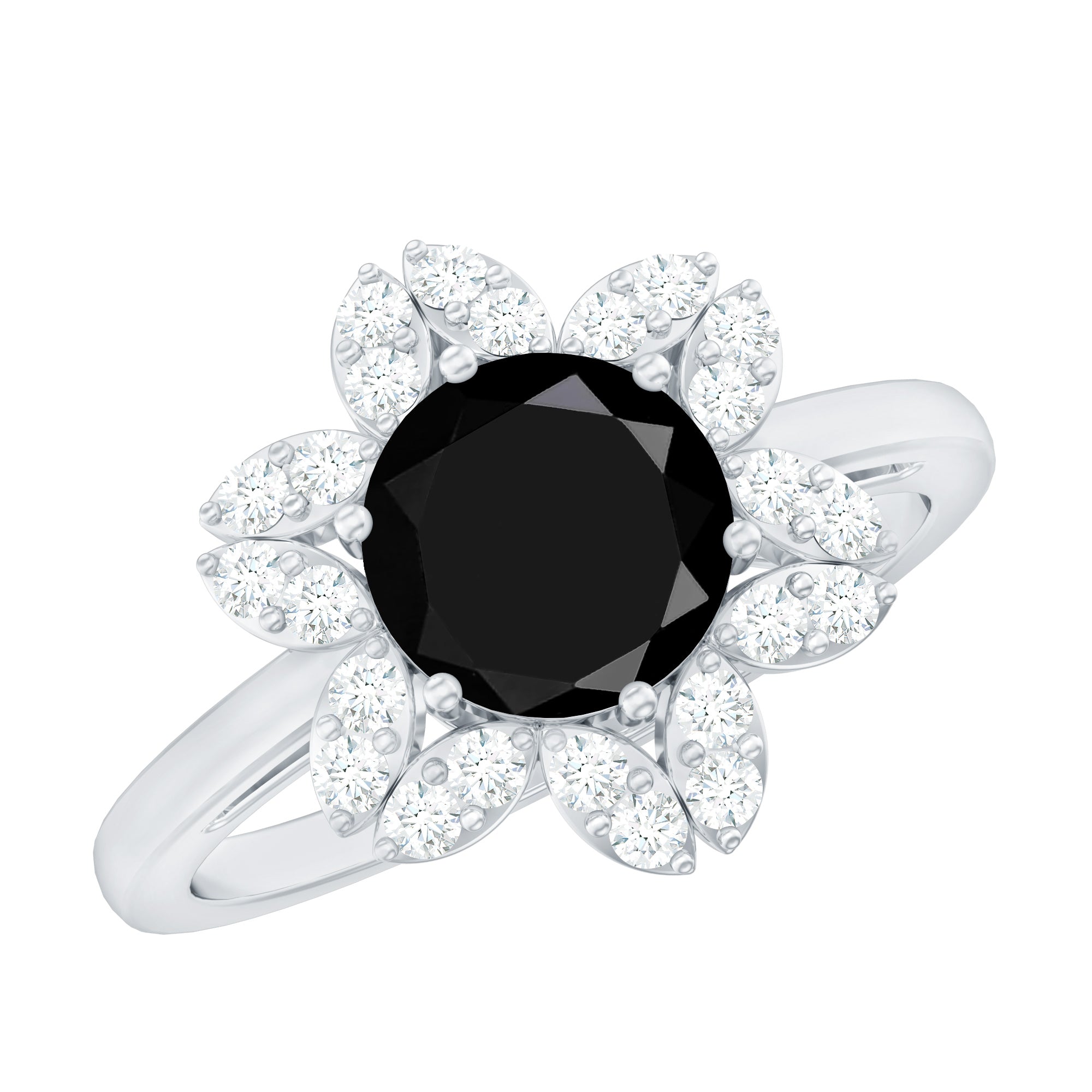 Natural 2.5 Carat Black Spinel Flower Engagement Ring with Diamond AAA - Rosec Jewels