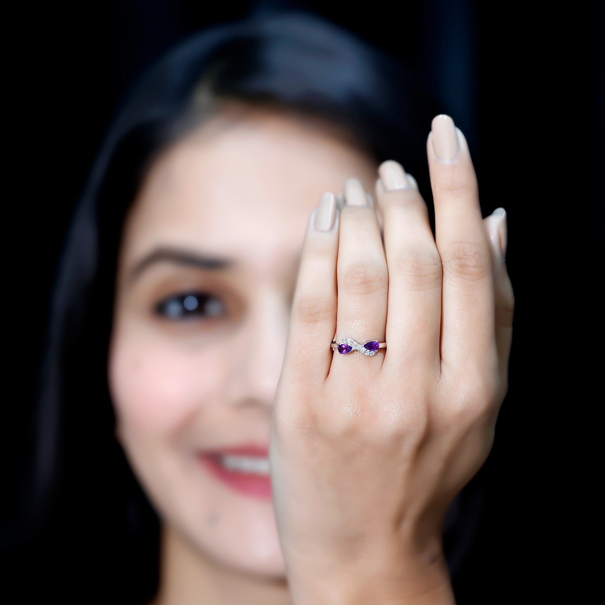 Rosec Jewels-1/2 CT Pear Amethyst Infinity Promise Ring with Diamond