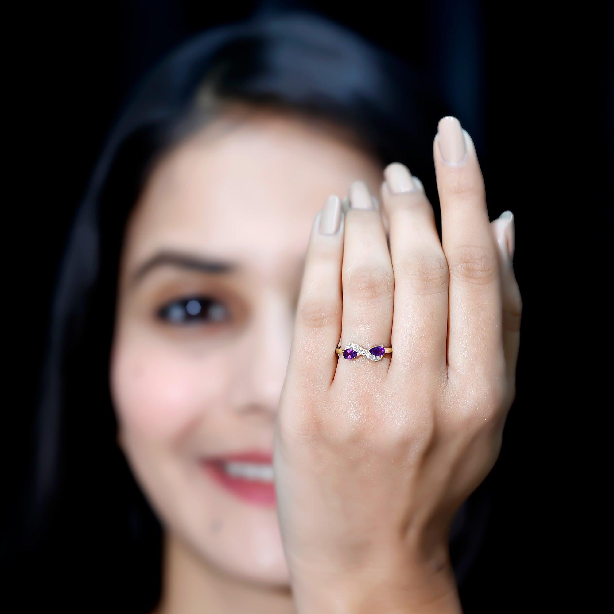 Rosec Jewels-1/2 CT Pear Amethyst Infinity Promise Ring with Diamond