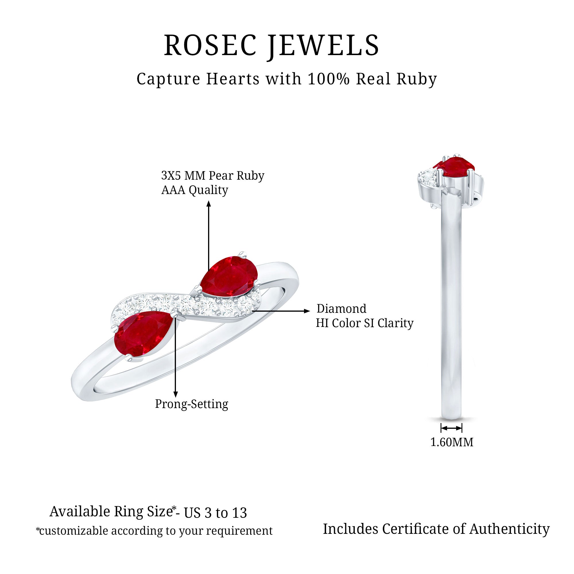 Rosec Jewels-Natural Pear Shape Ruby Toi Et Moi Promise Ring with Diamond