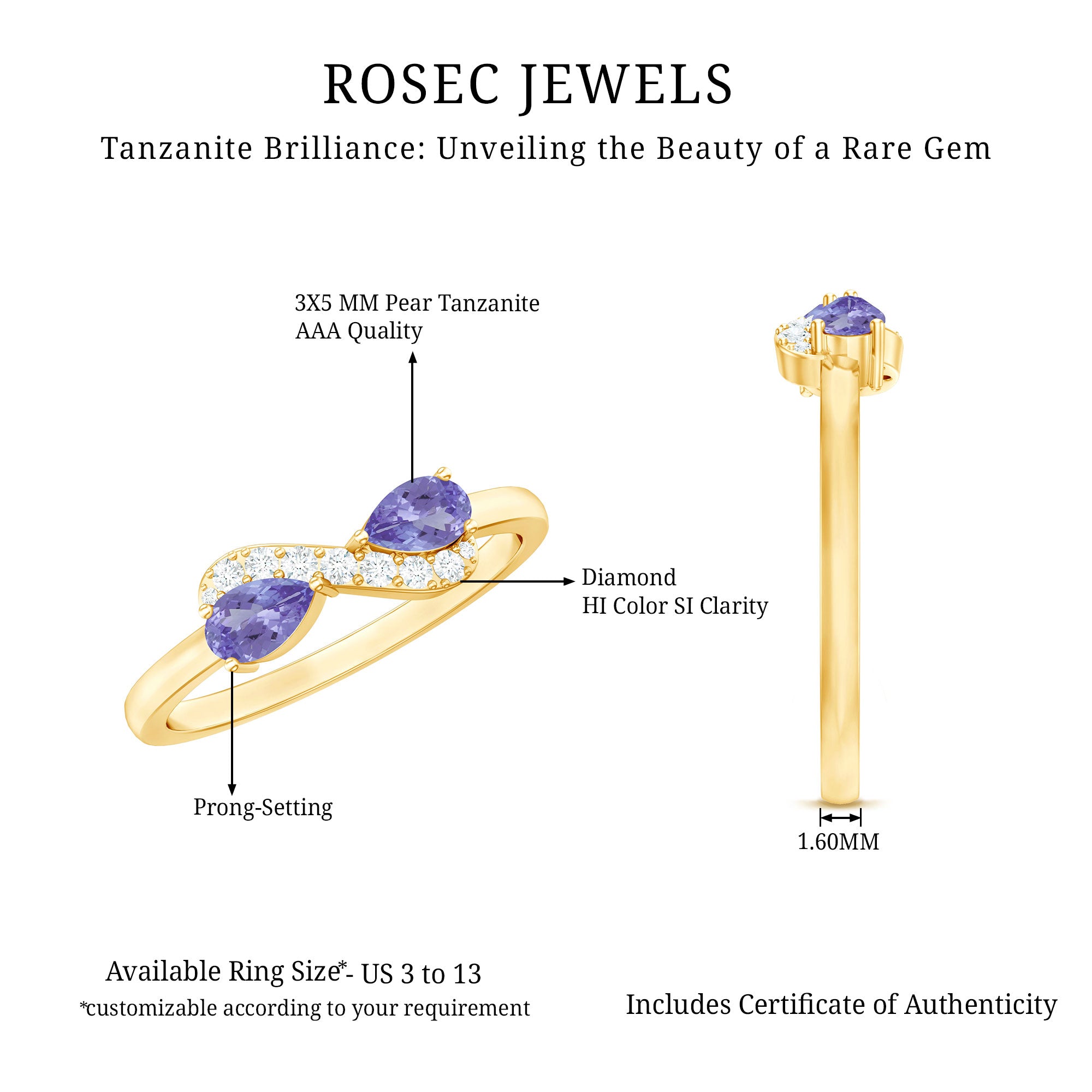 Rosec Jewels-Real Tanzanite 2 Stone Promise Ring with Diamond