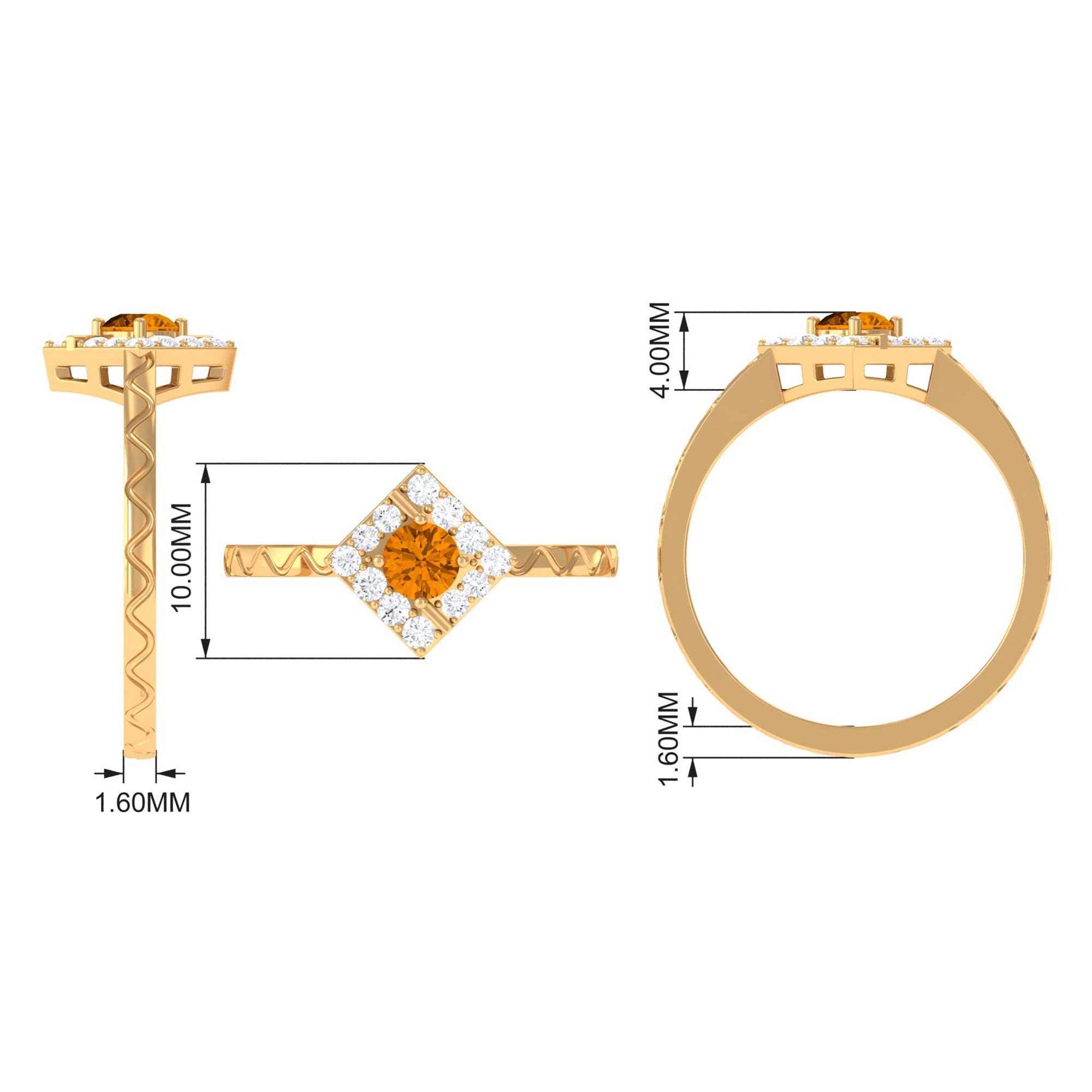 0.50 CT Round Shape Citrine Minimal Textured Ring with Diamond AAA - Rosec Jewels