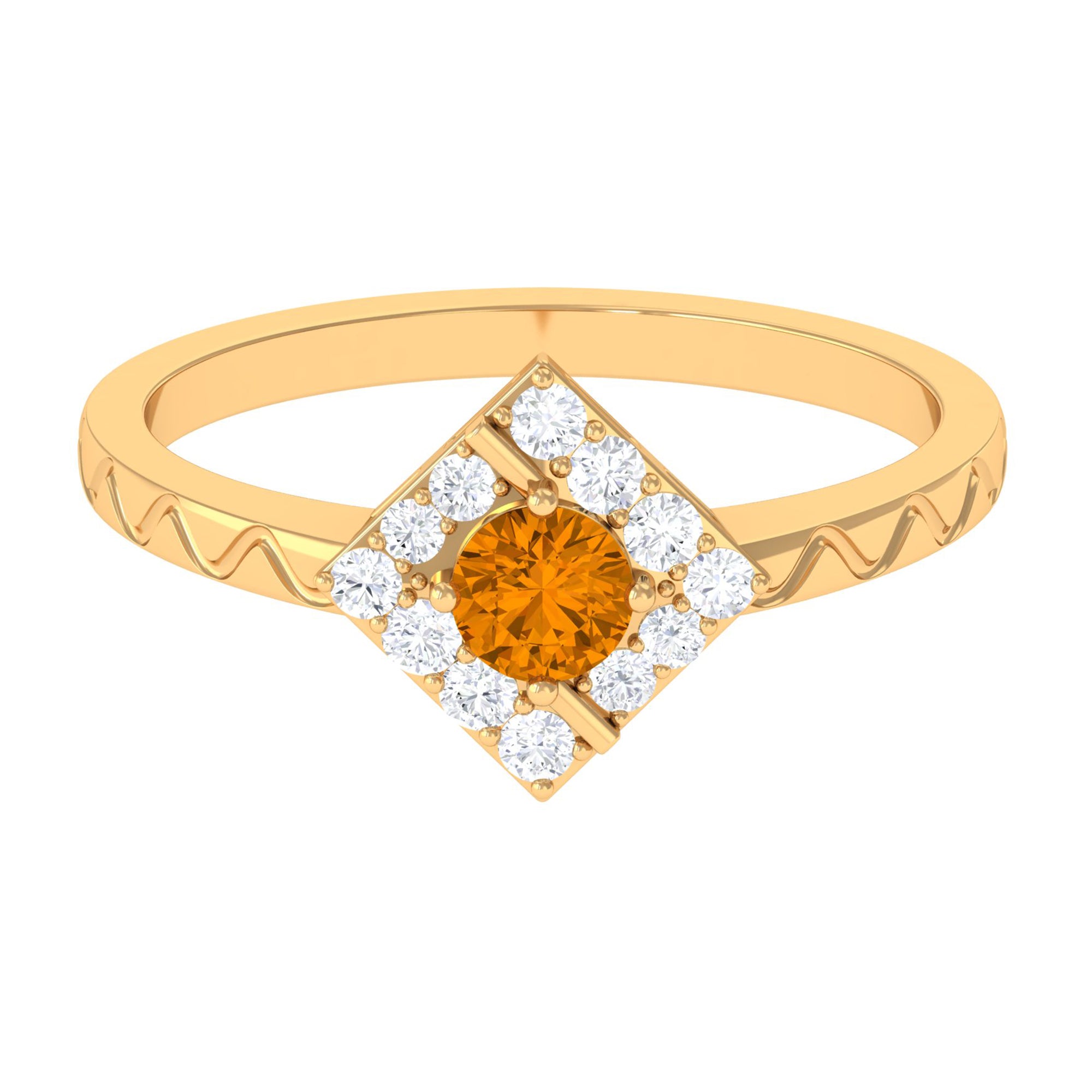 0.50 CT Round Shape Citrine Minimal Textured Ring with Diamond AAA - Rosec Jewels