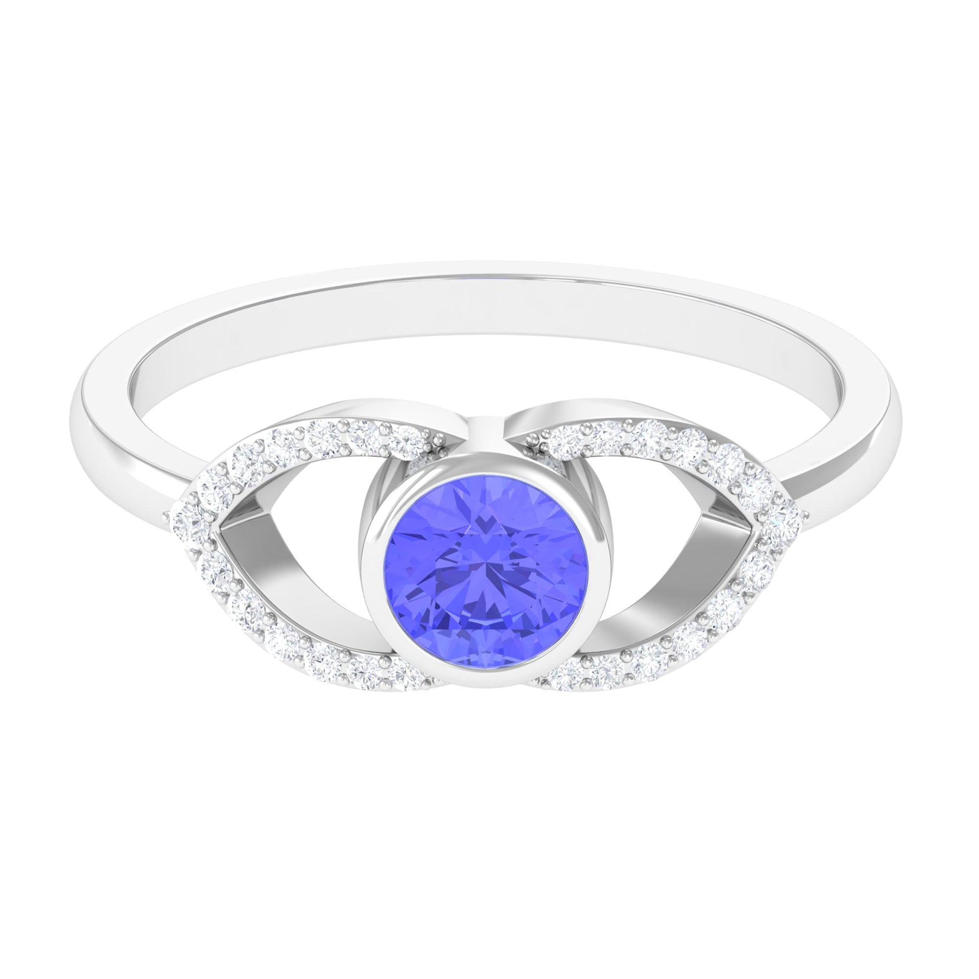 Bezel Set Tanzanite Solitaire Split Shank Ring with Diamond AAA - Rosec Jewels