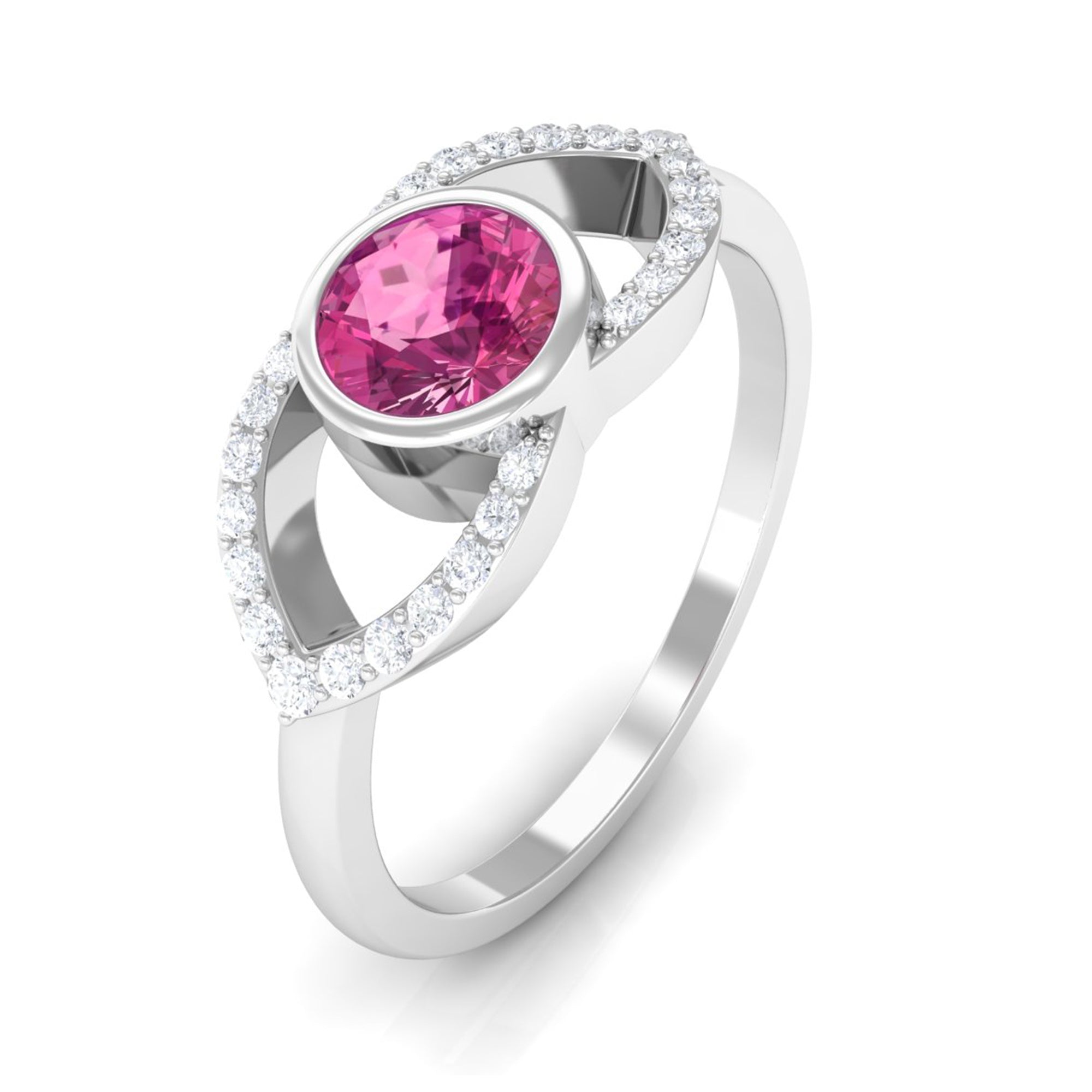 Pink Tourmaline Solitaire Split Shank Ring with Diamond AAA - Rosec Jewels