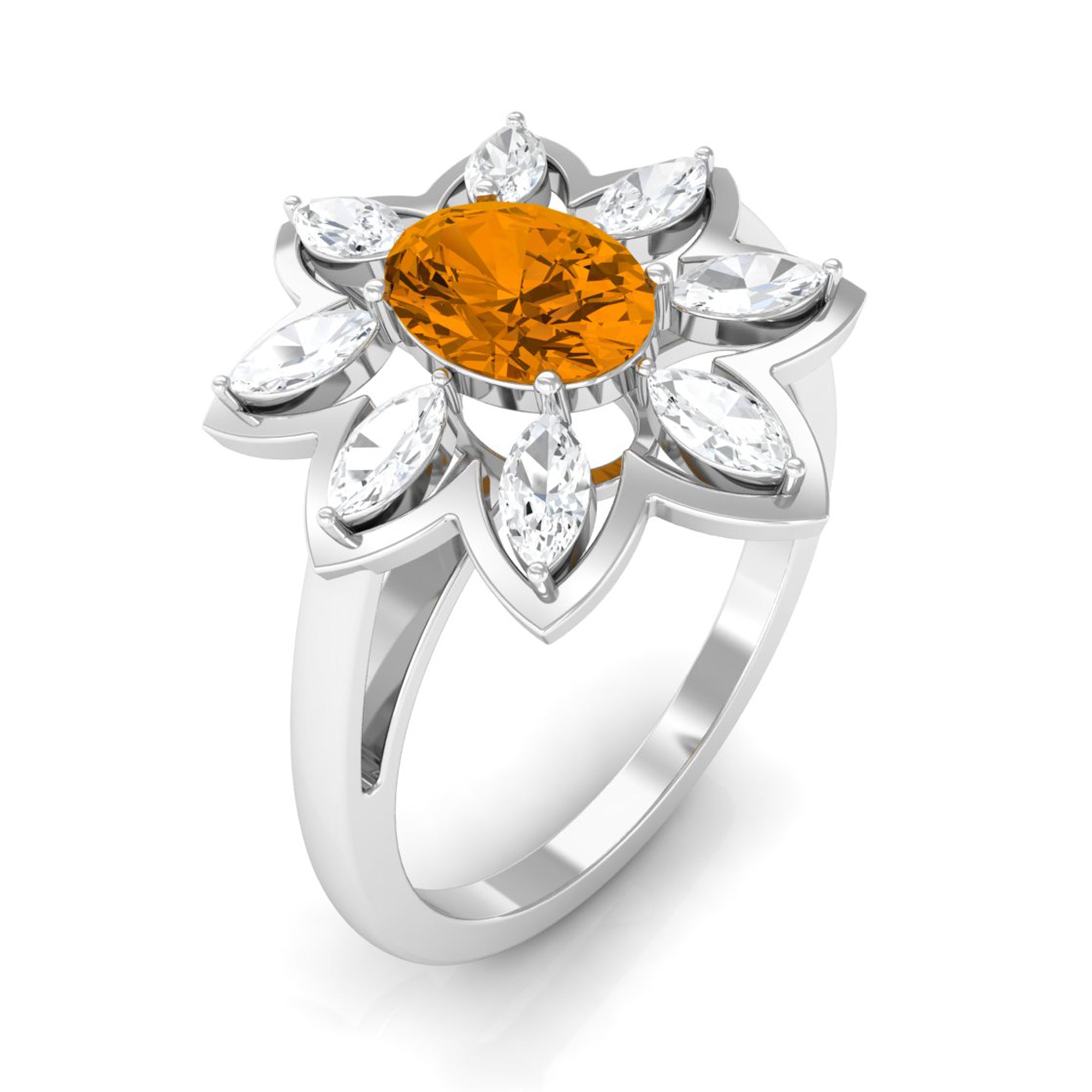 1 Carat Oval Cut Citrine Flower Engagement Ring with Diamond Stones AAA - Rosec Jewels