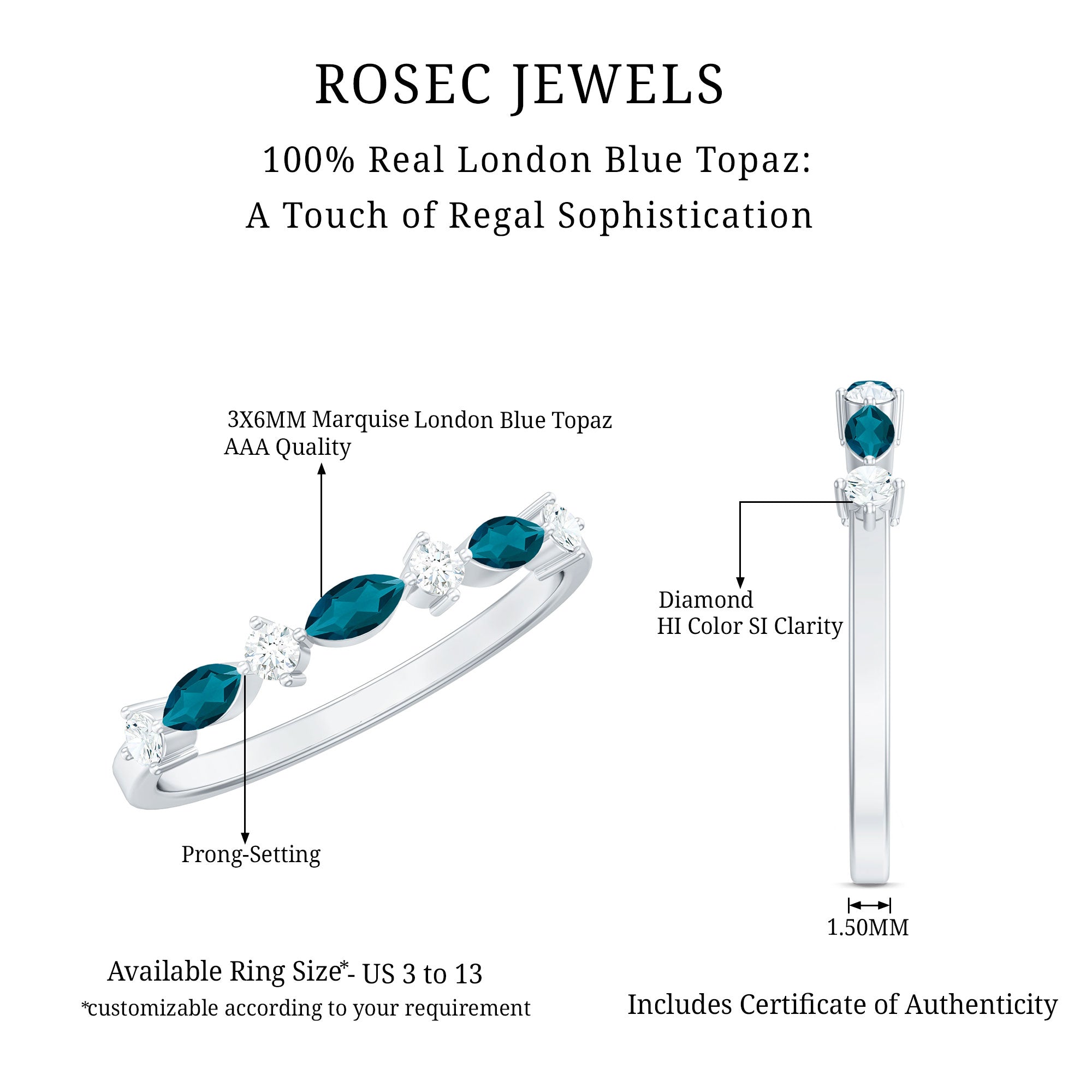 Rosec Jewels-Marquise London Blue Topaz Stackable Eternity Band with Diamond