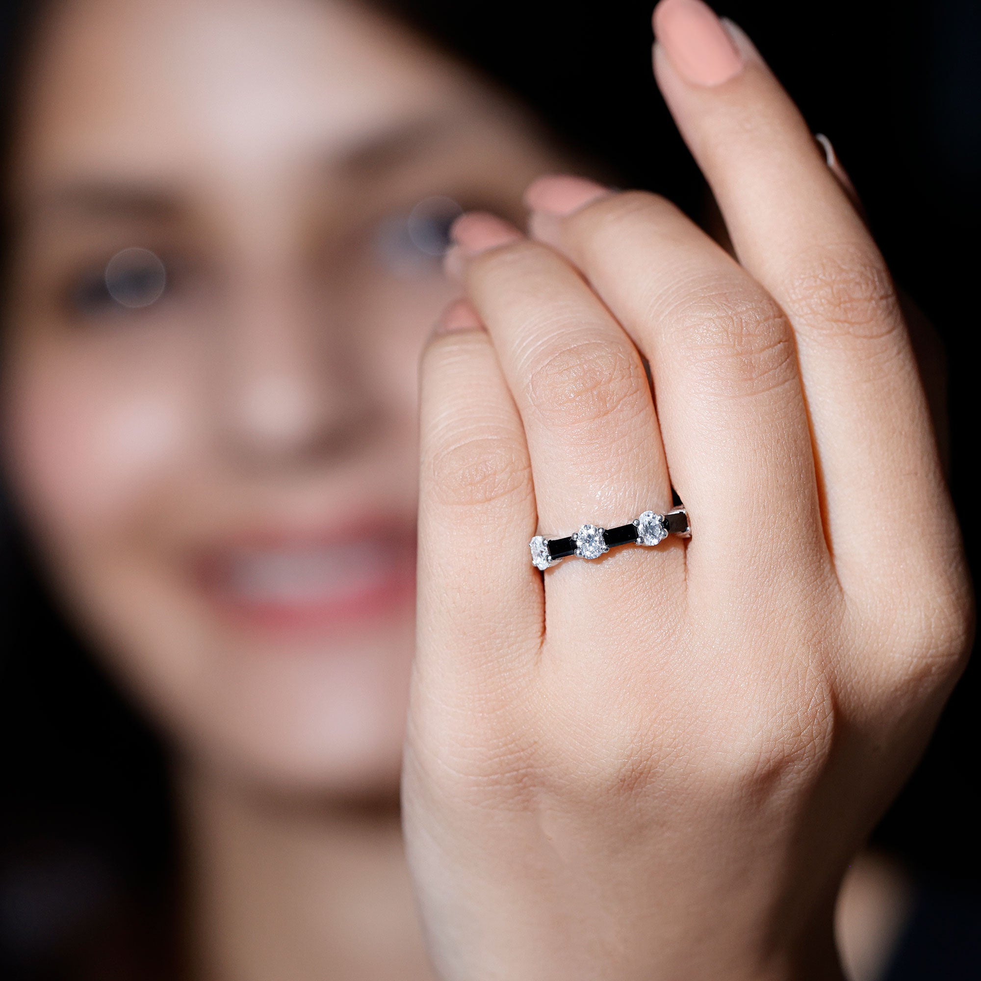 Certified Black Spinel and Moissanite Half Eternity Band Ring AAA - Rosec Jewels