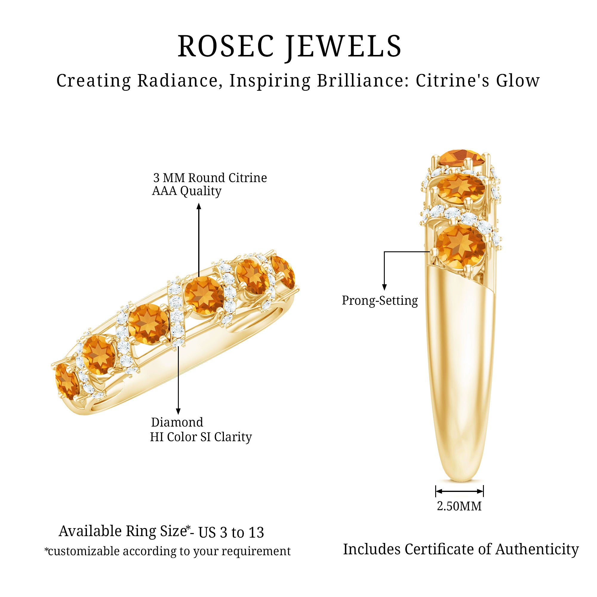 Natural Citrine Diamond Half Eternity Wedding Anniversary Ring AAA - Rosec Jewels
