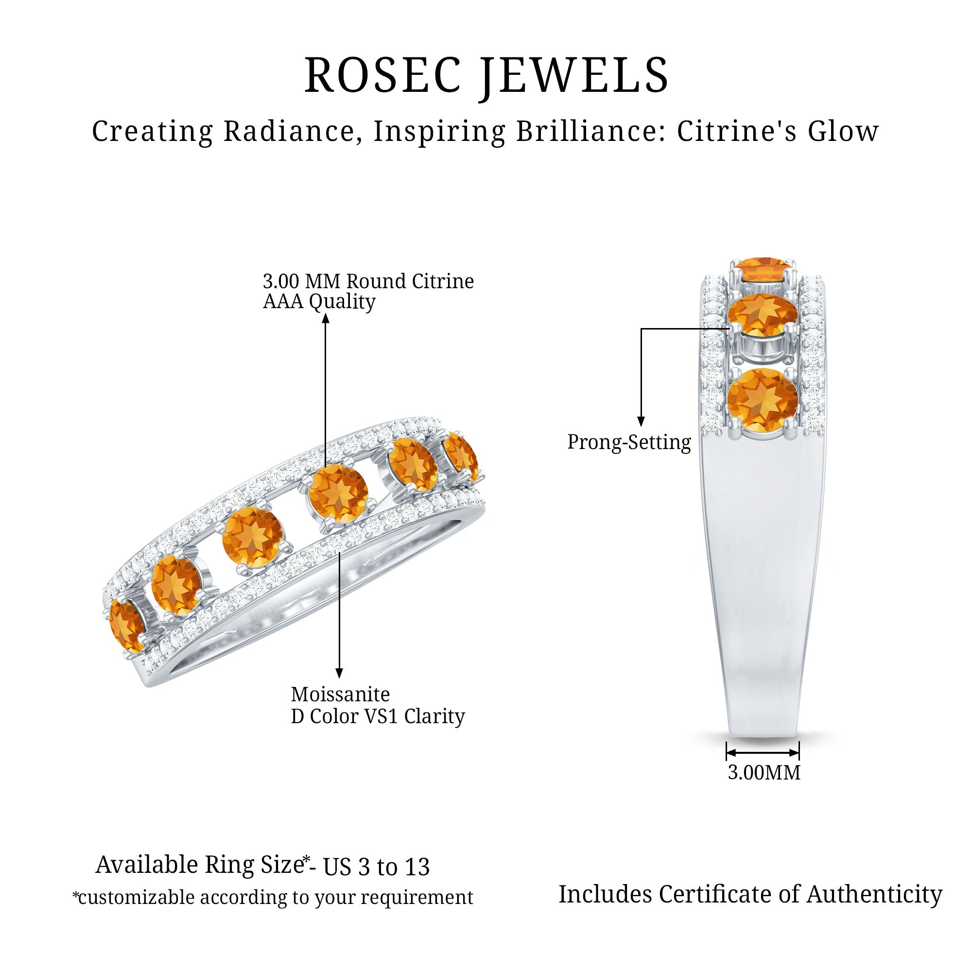 Natural Citrine Diamond Half Eternity Band Ring for Anniversary AAA - Rosec Jewels