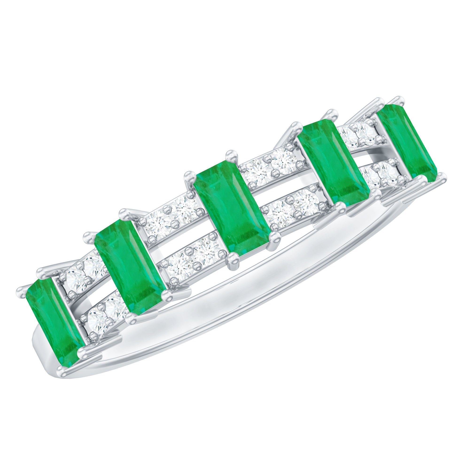 Baguette Cut Emerald and Diamond Half Eternity Band AAA - Rosec Jewels