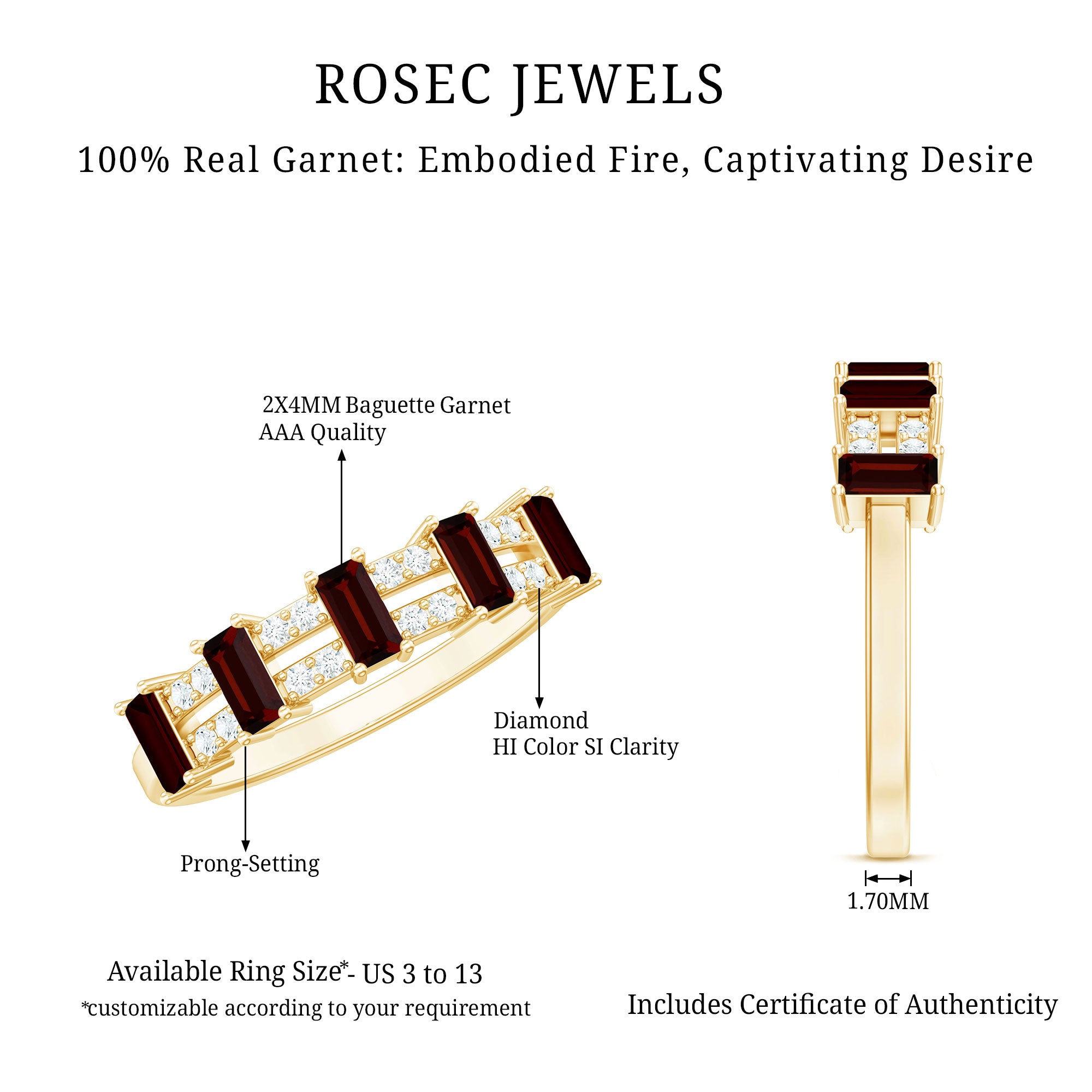 Rosec Jewels-Natural Baguette Garnet Half Eternity Band with Diamond