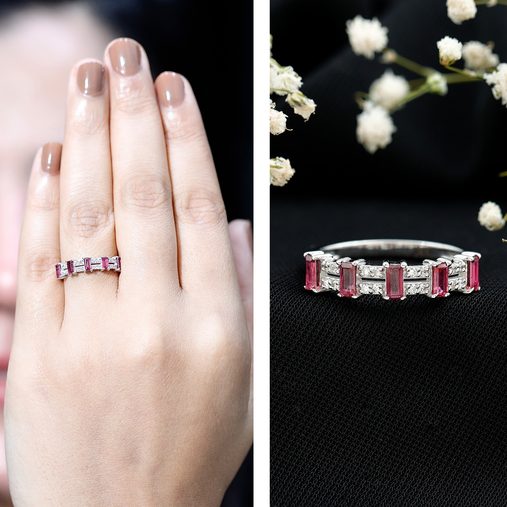 Rosec Jewels-Real Baguette Ruby Half Eternity Band Ring with Diamond