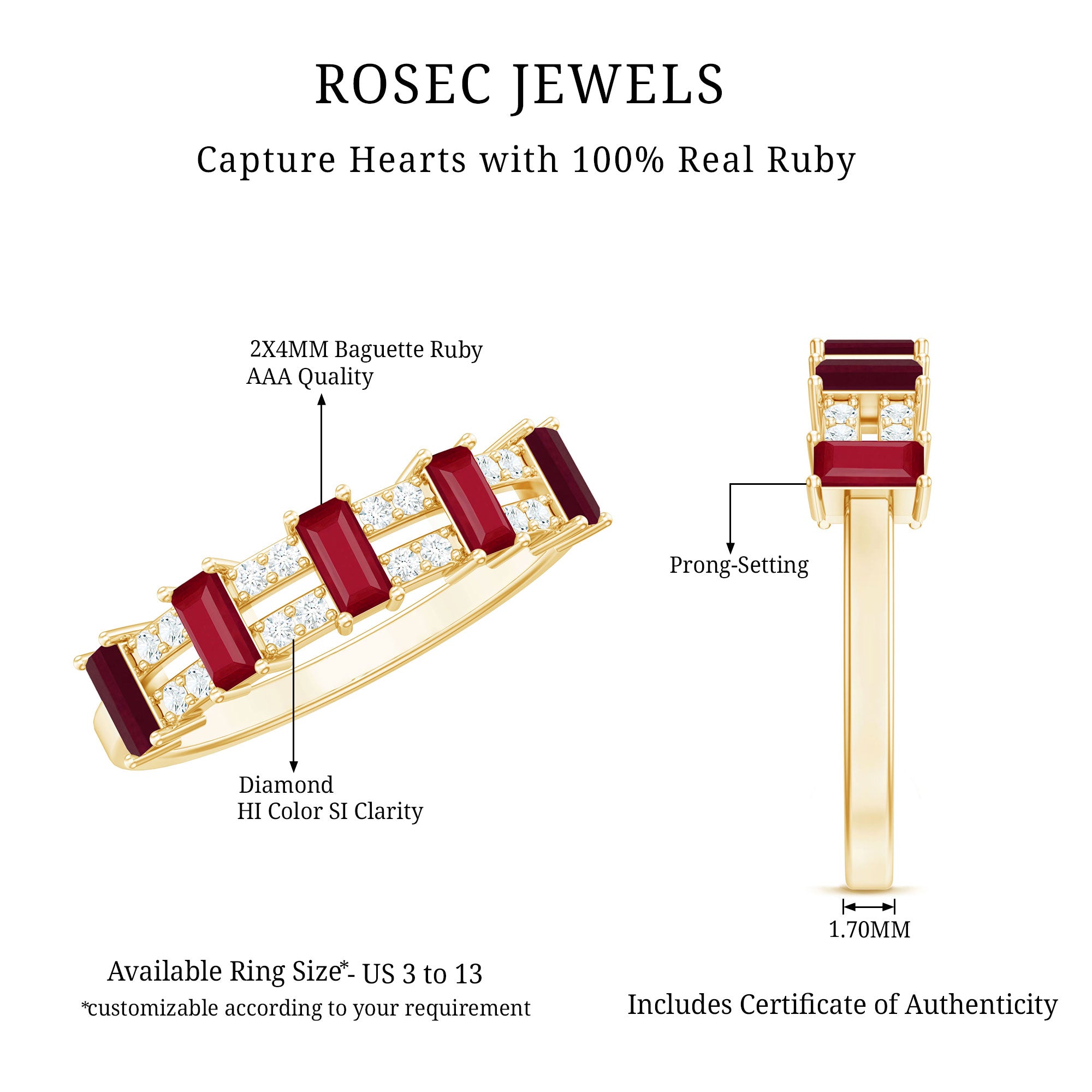 Rosec Jewels-Real Baguette Ruby Half Eternity Band Ring with Diamond