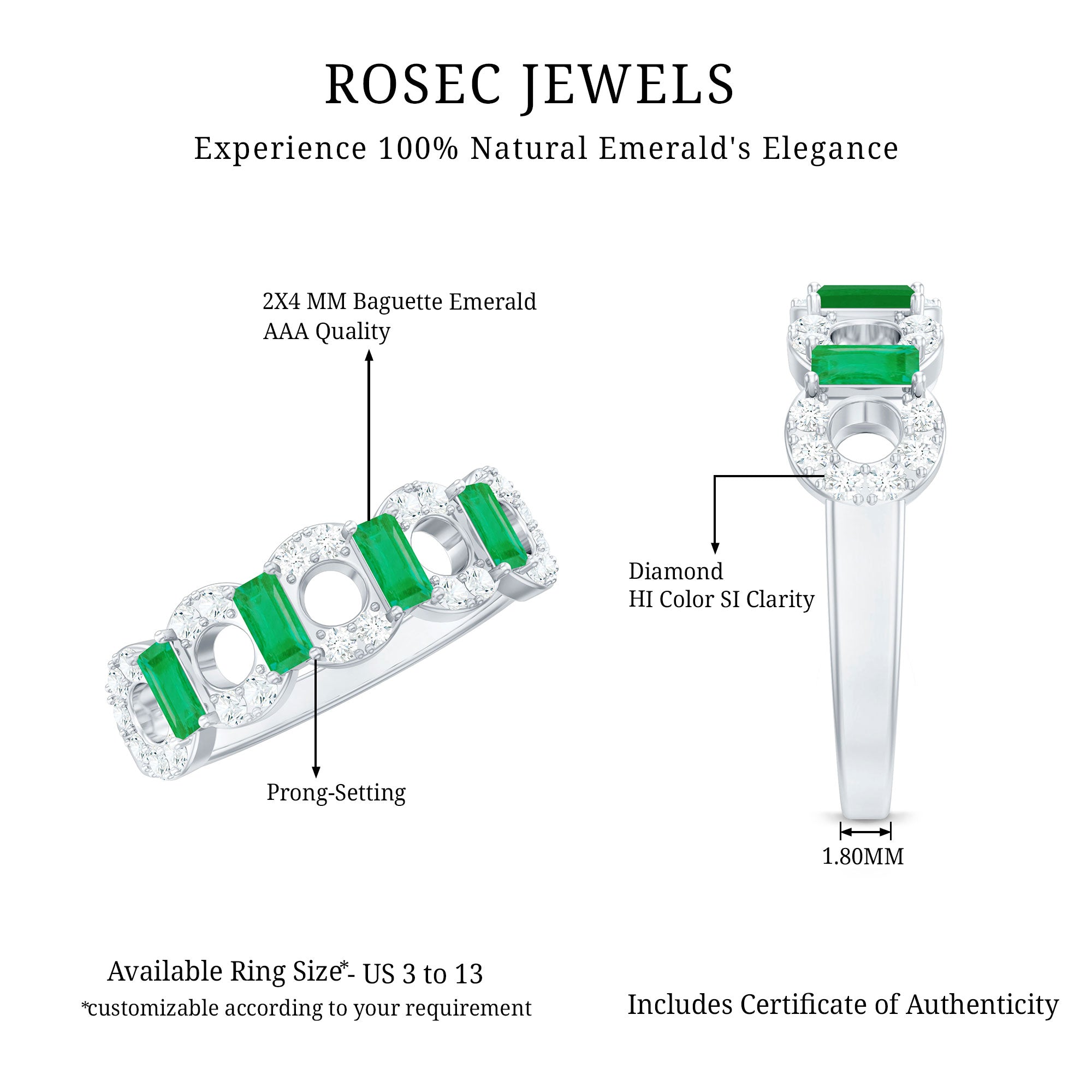 Rosec Jewels-Natural Baguette Emerald Diamond Art Deco Half Eternity Ring