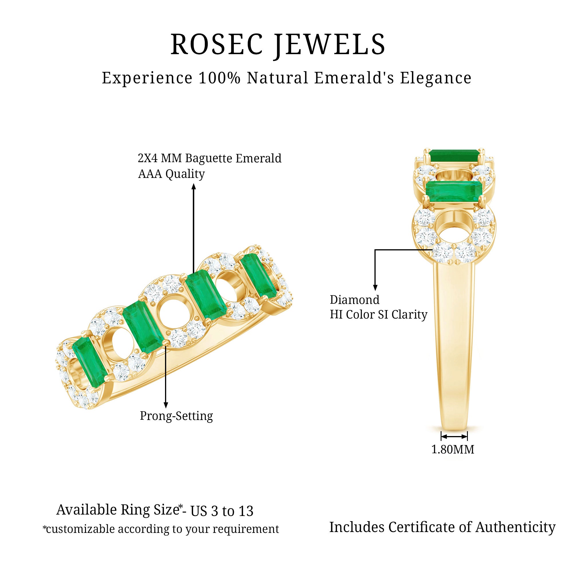 Rosec Jewels-Natural Baguette Emerald Diamond Art Deco Half Eternity Ring