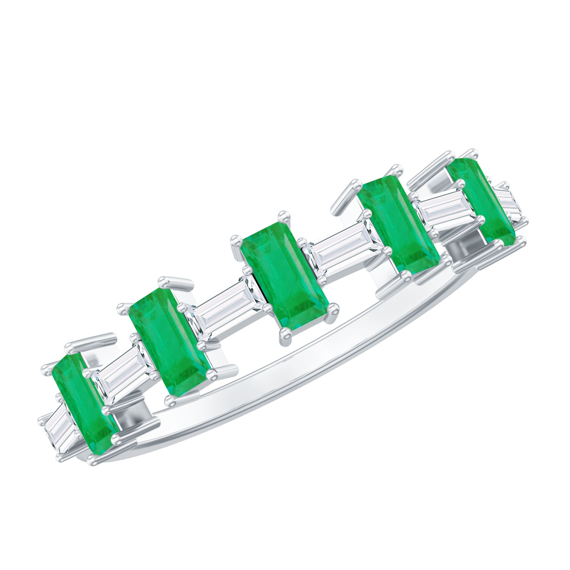 Rosec Jewels-Genuine Baguette Emerald Half Eternity Ring with Moissanite