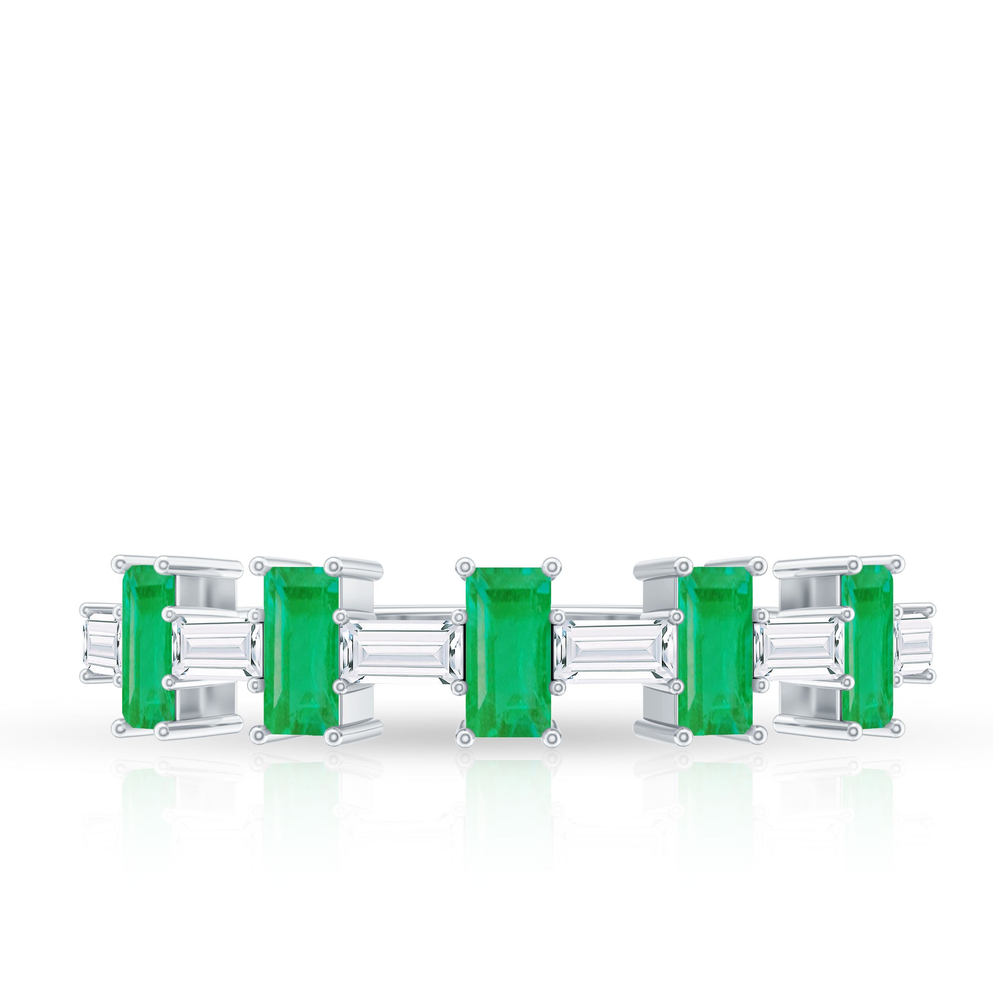 Rosec Jewels-Genuine Baguette Emerald Half Eternity Ring with Moissanite