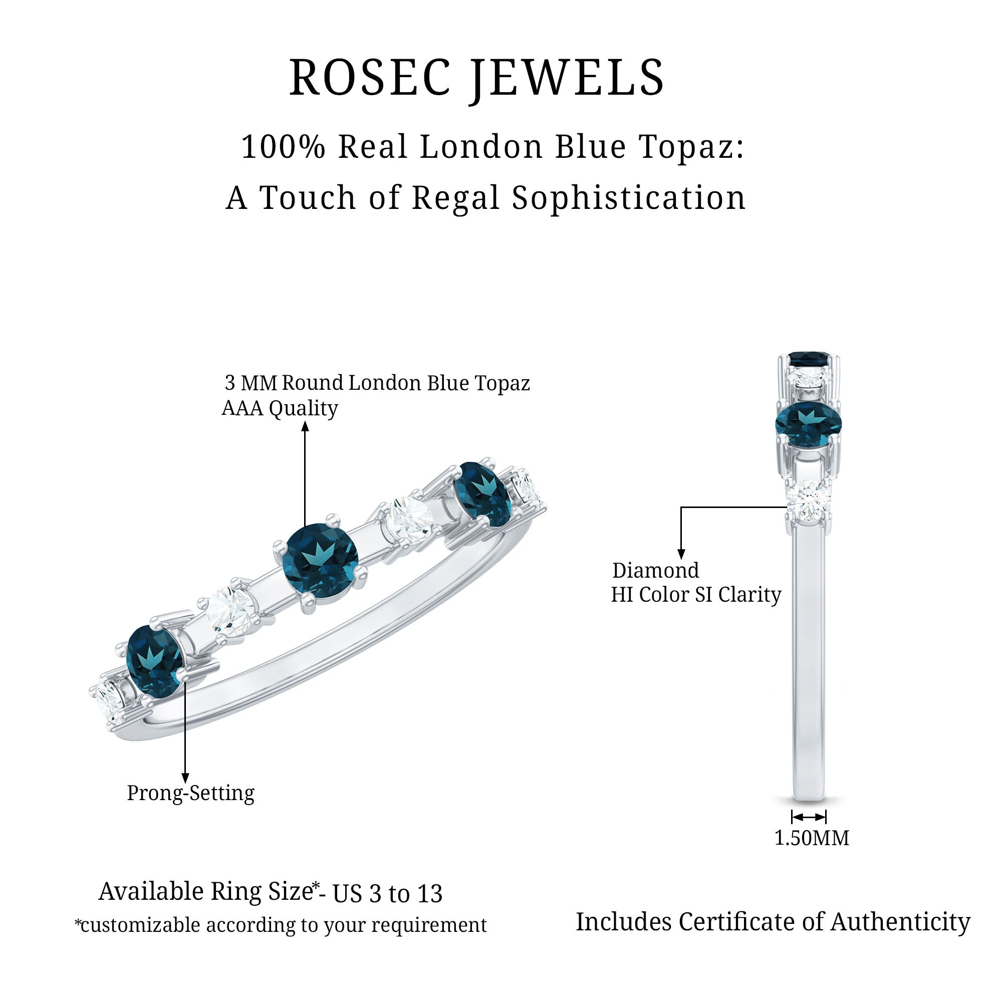 Rosec Jewels-London Blue Topaz Wedding Eternity Band with Diamond