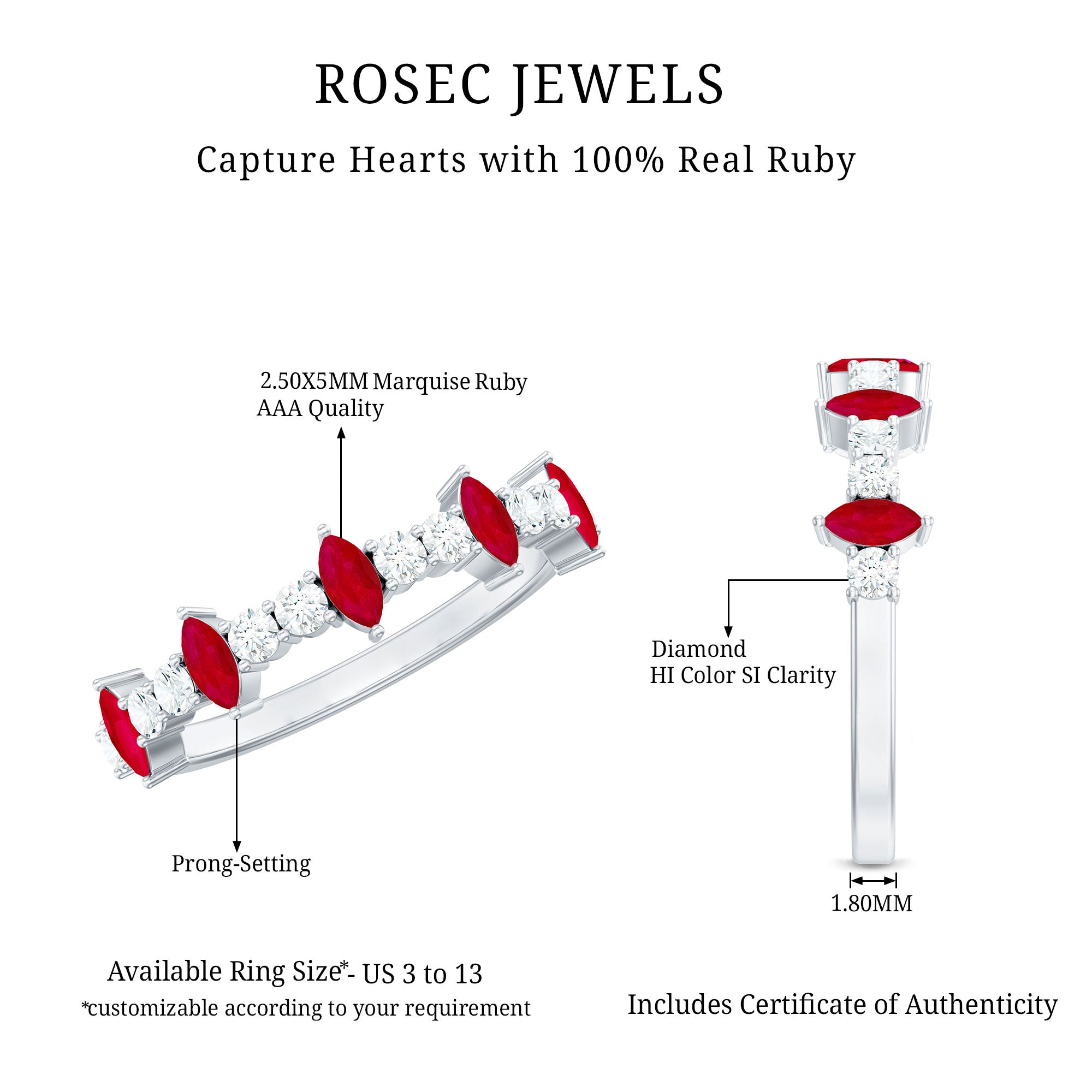 Rosec Jewels-Natural Marquise Ruby Diamond Half Eternity Ring