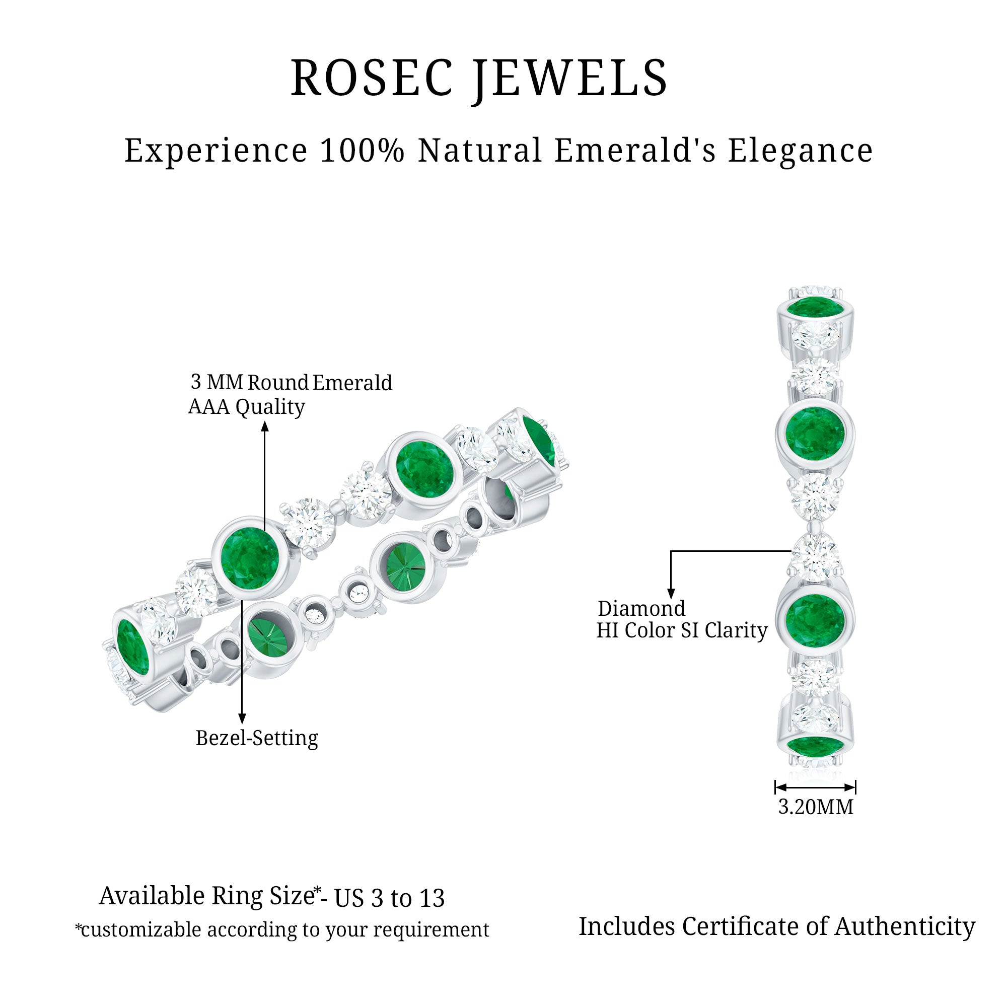 Rosec Jewels-Natural Emerald Diamond Eternity Ring with Certificate