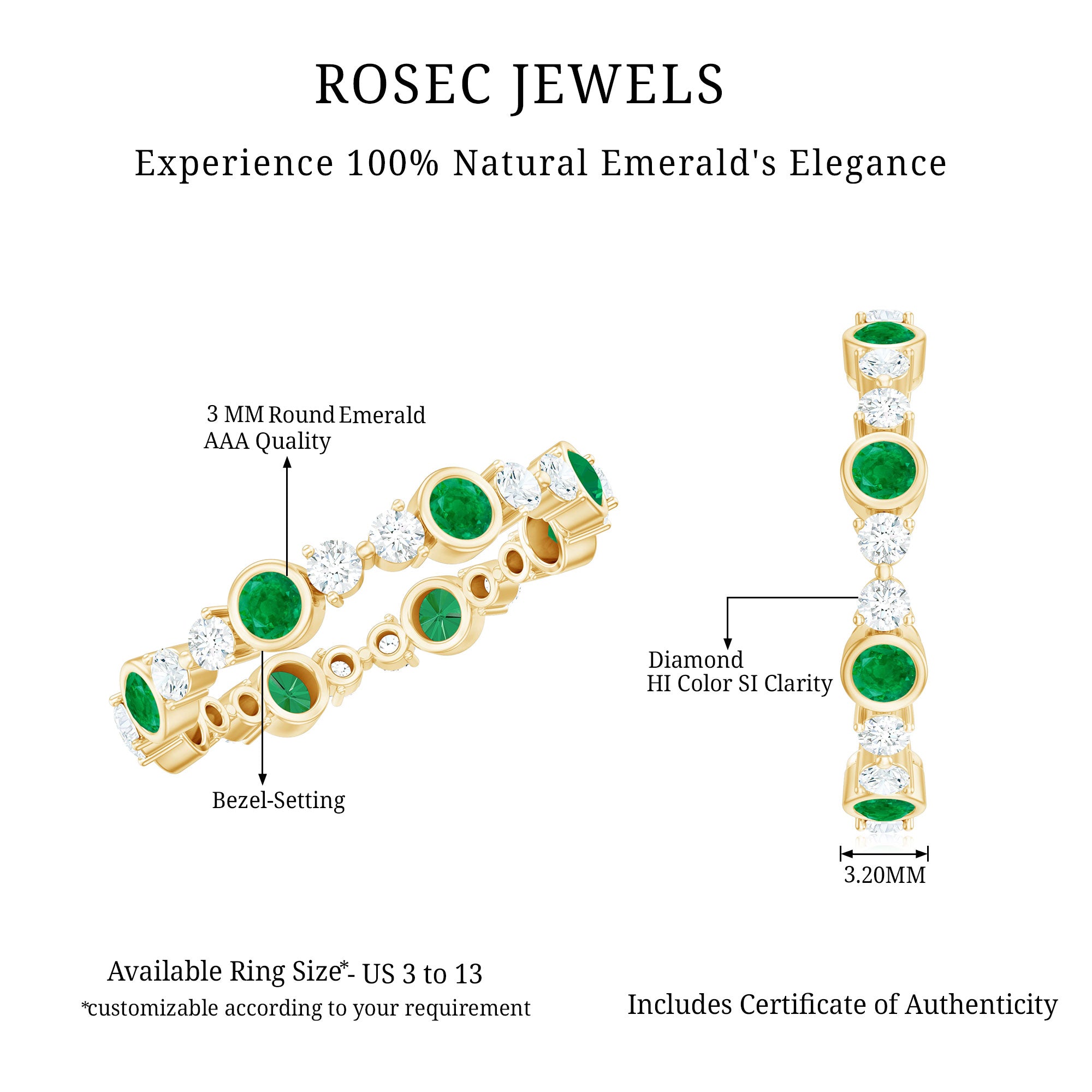 Rosec Jewels-Natural Emerald Diamond Eternity Ring with Certificate