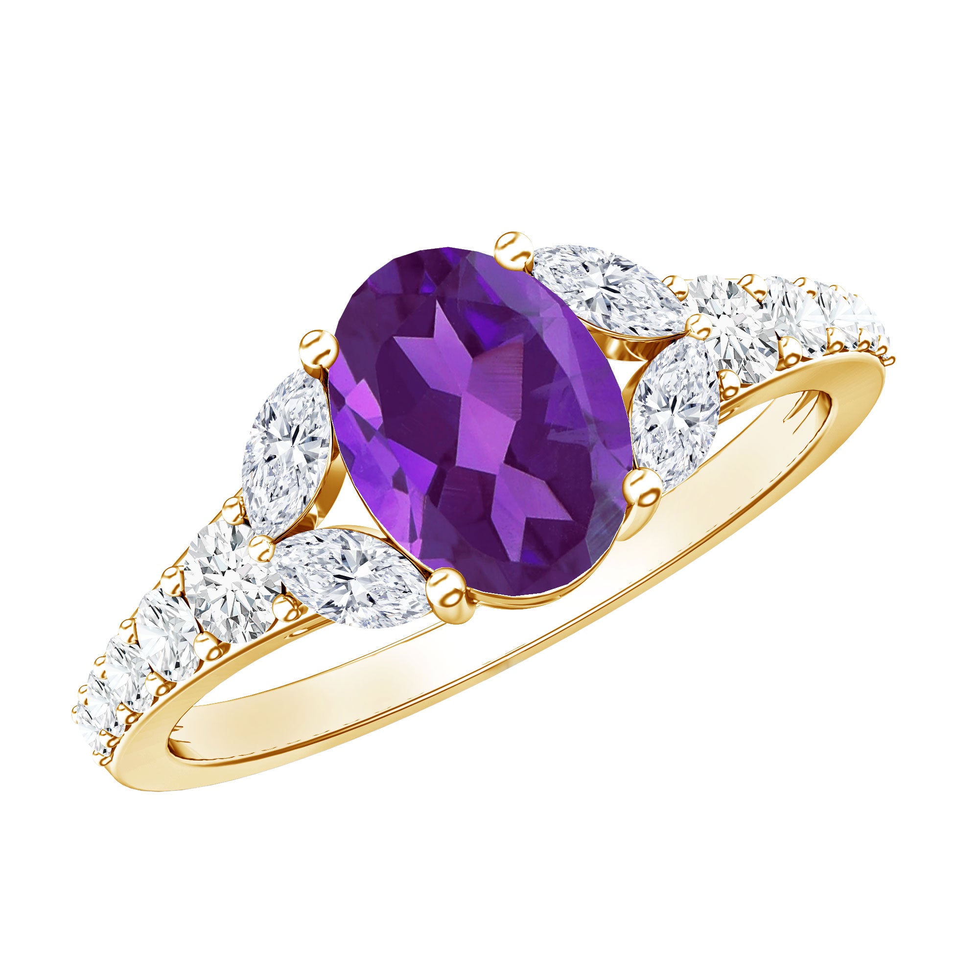 Natural 1 Carat Amethyst Oval Engagement Ring with Diamond AAA - Rosec Jewels