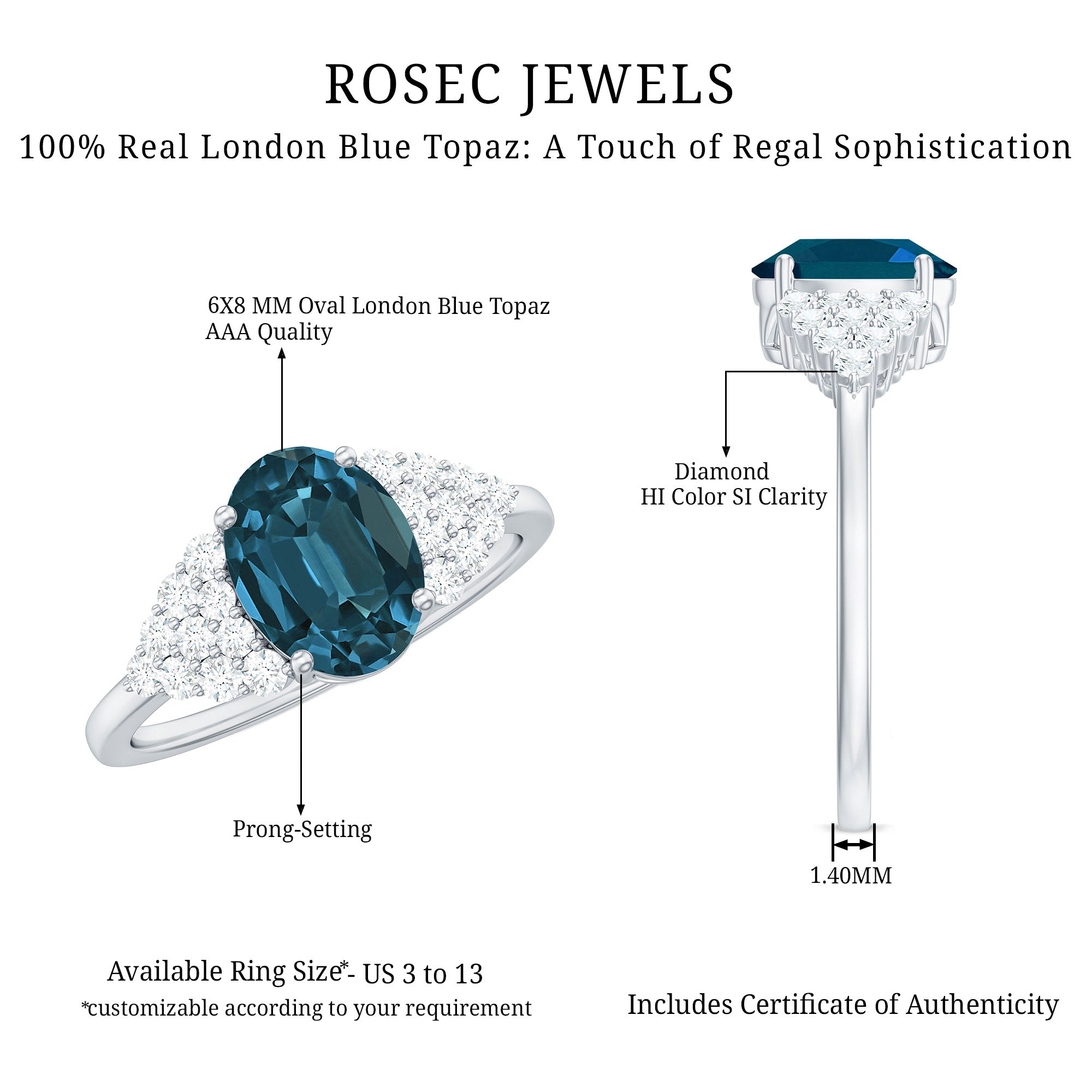 6X8mm Oval Cut London Blue Topaz Classic Engagement Ring with Diamond AAA - Rosec Jewels