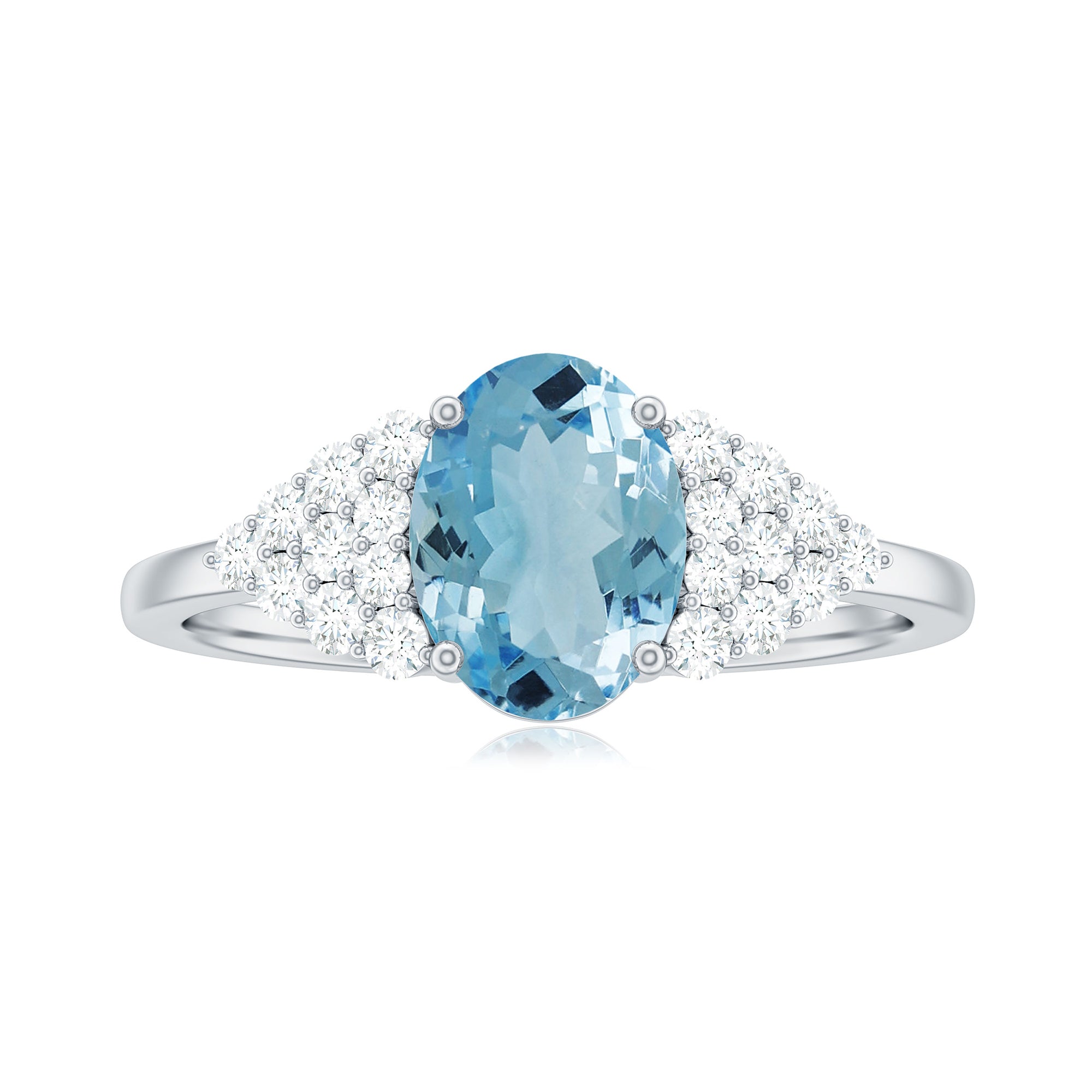 Solitaire 1 Carat Aquamarine Oval Engagement Ring with Diamond Cluster AAA - Rosec Jewels