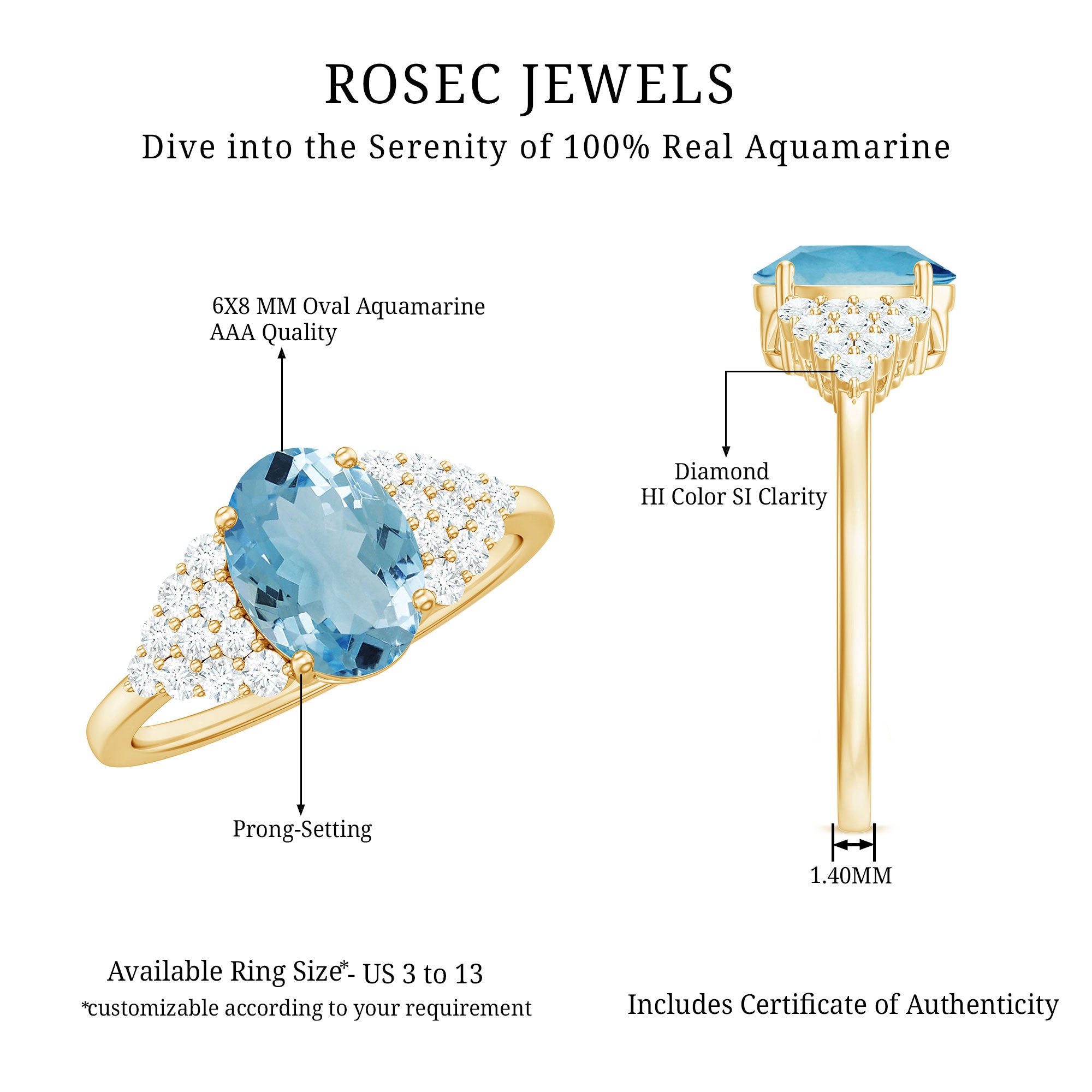 Solitaire 1 Carat Aquamarine Oval Engagement Ring with Diamond Cluster AAA - Rosec Jewels