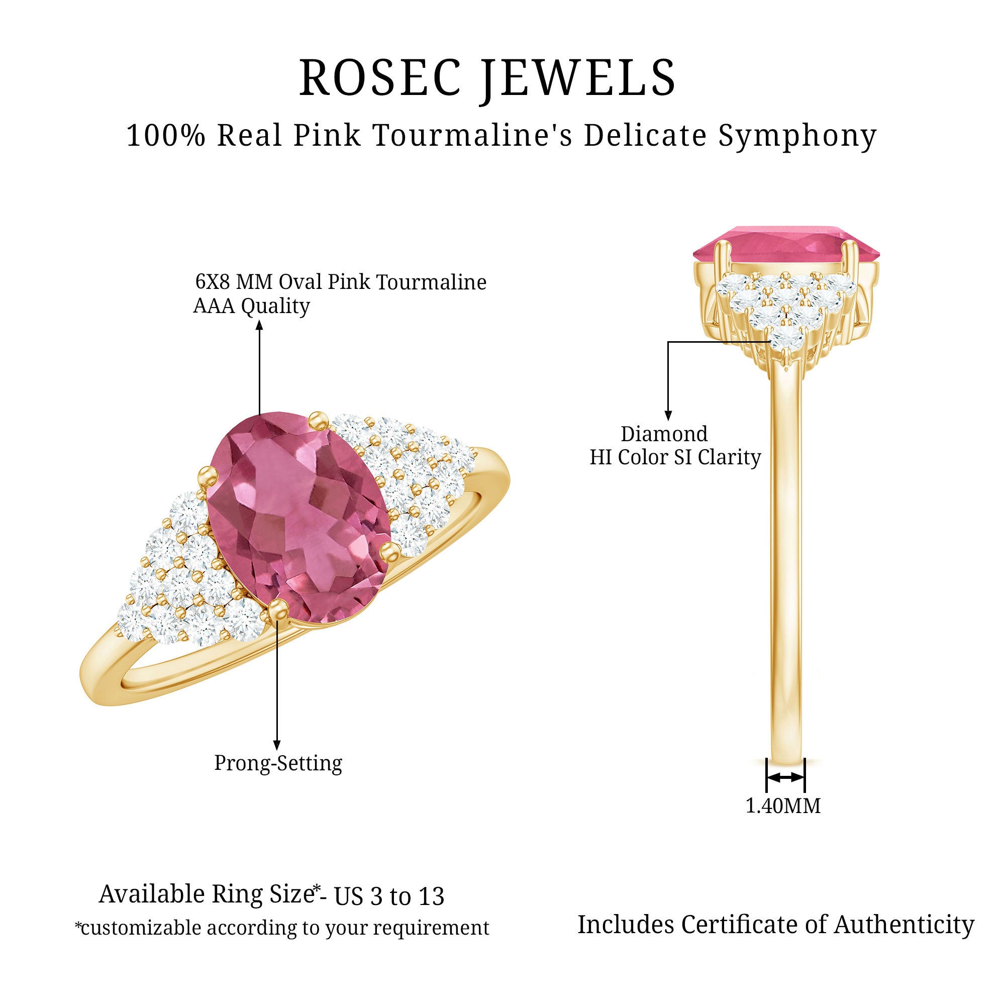 Classic Pink Tourmaline Solitaire Ring with Diamond AAA - Rosec Jewels