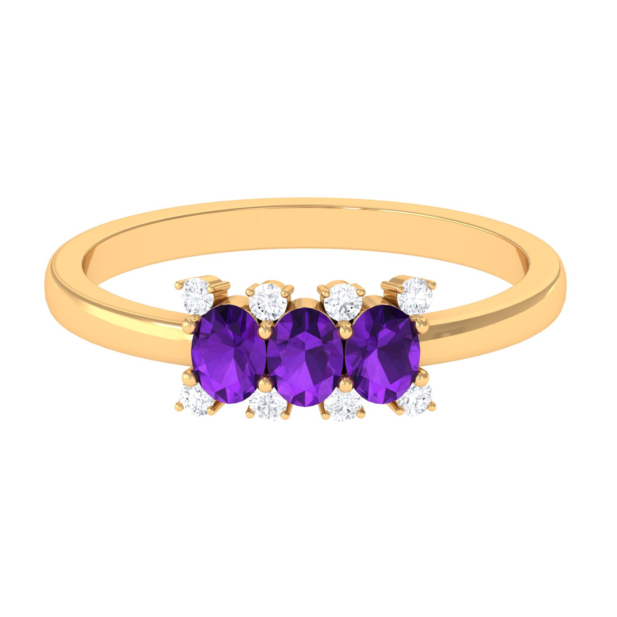 Natural Oval Amethyst 3 Stone Promise Ring with Diamond AAA - Rosec Jewels