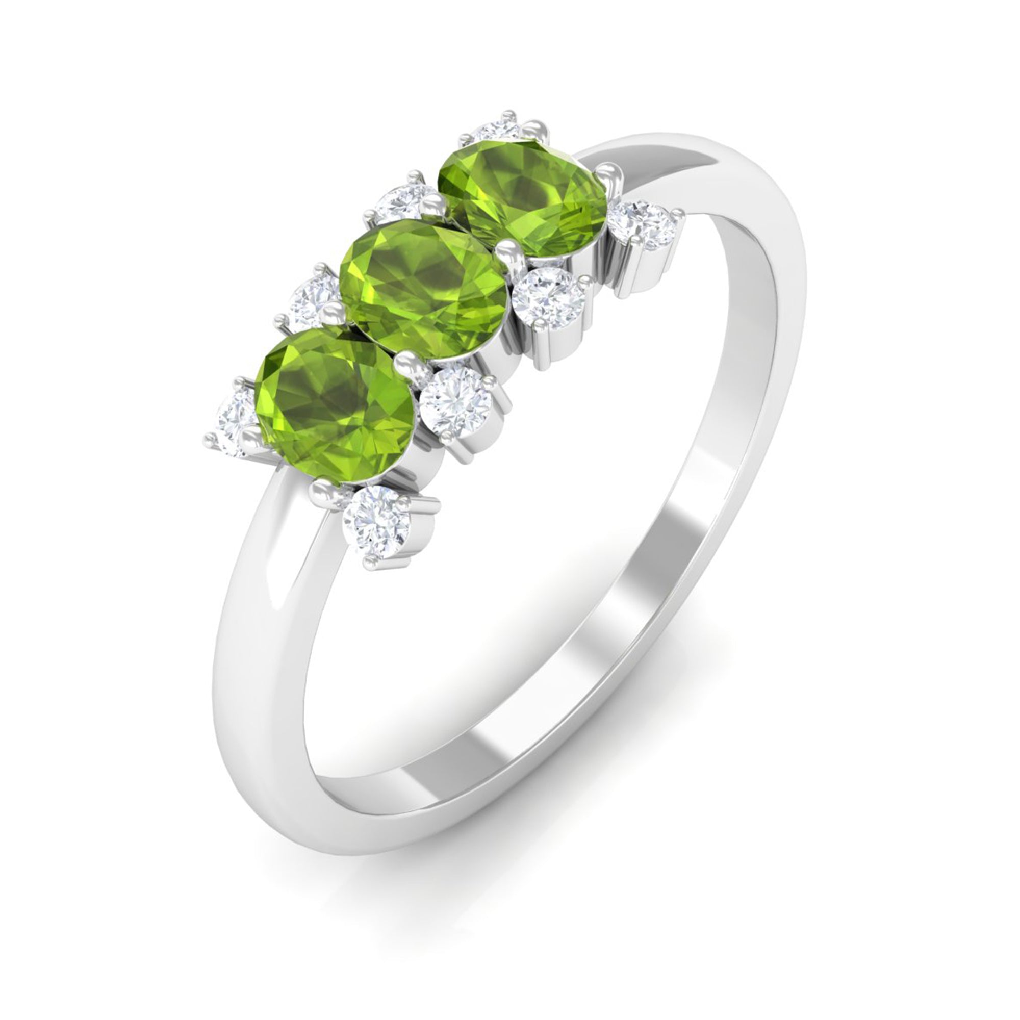 3/4 CT Oval Cut Peridot Three Stone Ring with Diamond Stones AAA - Rosec Jewels
