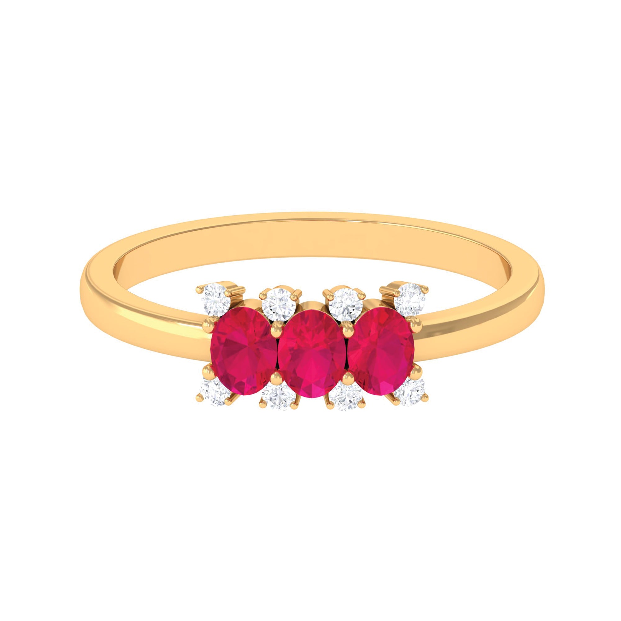 Oval Ruby Three Stone Promise Ring with Diamond AAA - Rosec Jewels