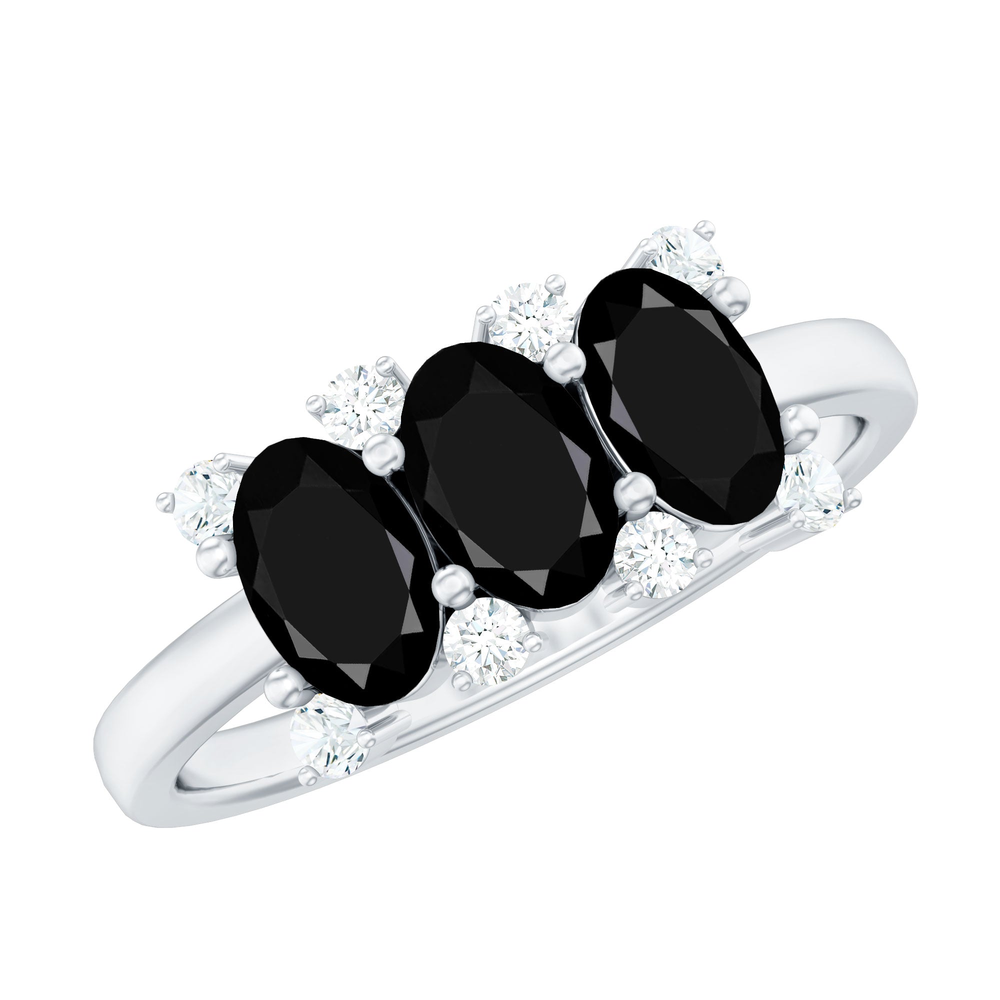 Rosec Jewels-Natural Oval Black Spinel 3 Stone Engagement Ring with Diamond