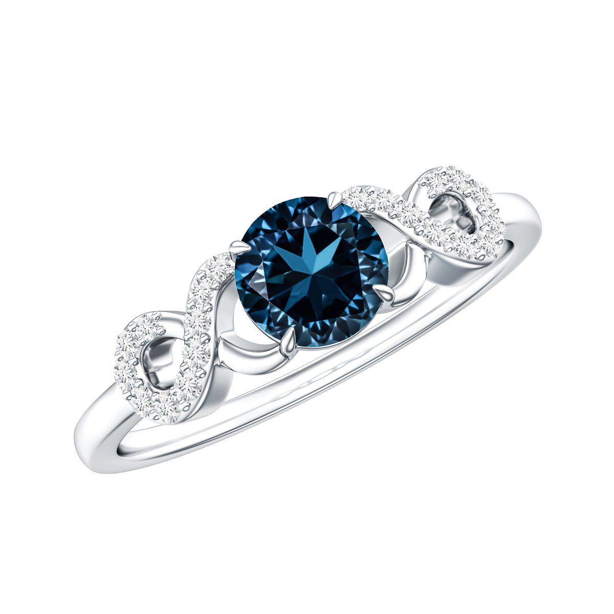 0.6 Carat Round London Blue Topaz Engagement Ring with Criss Cross Diamond