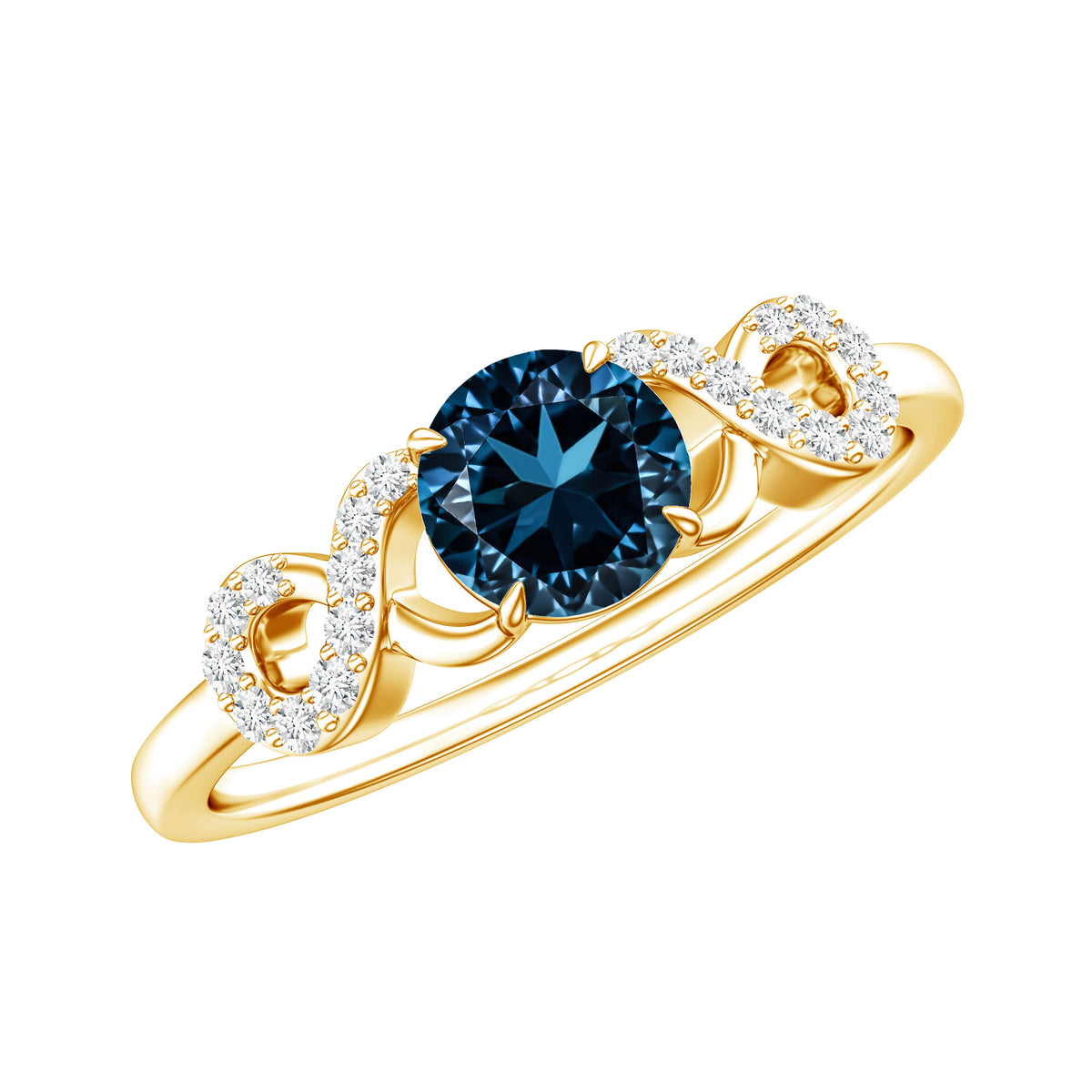 0.6 Carat Round London Blue Topaz Engagement Ring with Criss Cross Diamond AAA - Rosec Jewels
