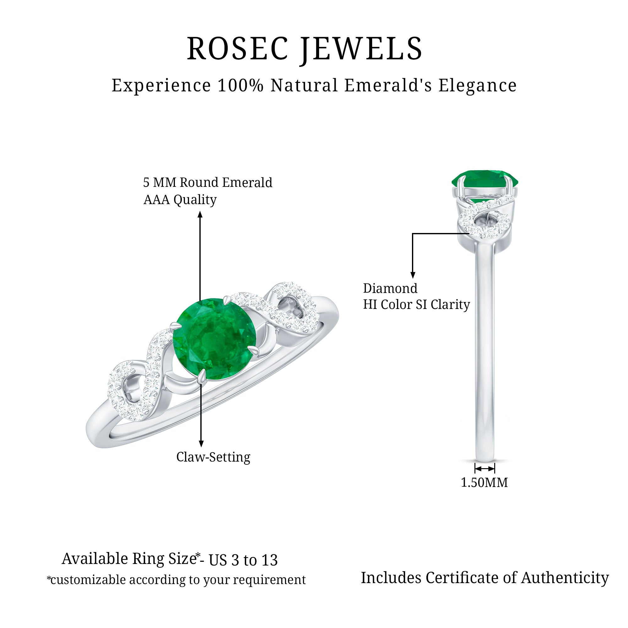 Real Emerald Diamond Promise Engagement Ring with Criss Cross Shank AAA - Rosec Jewels