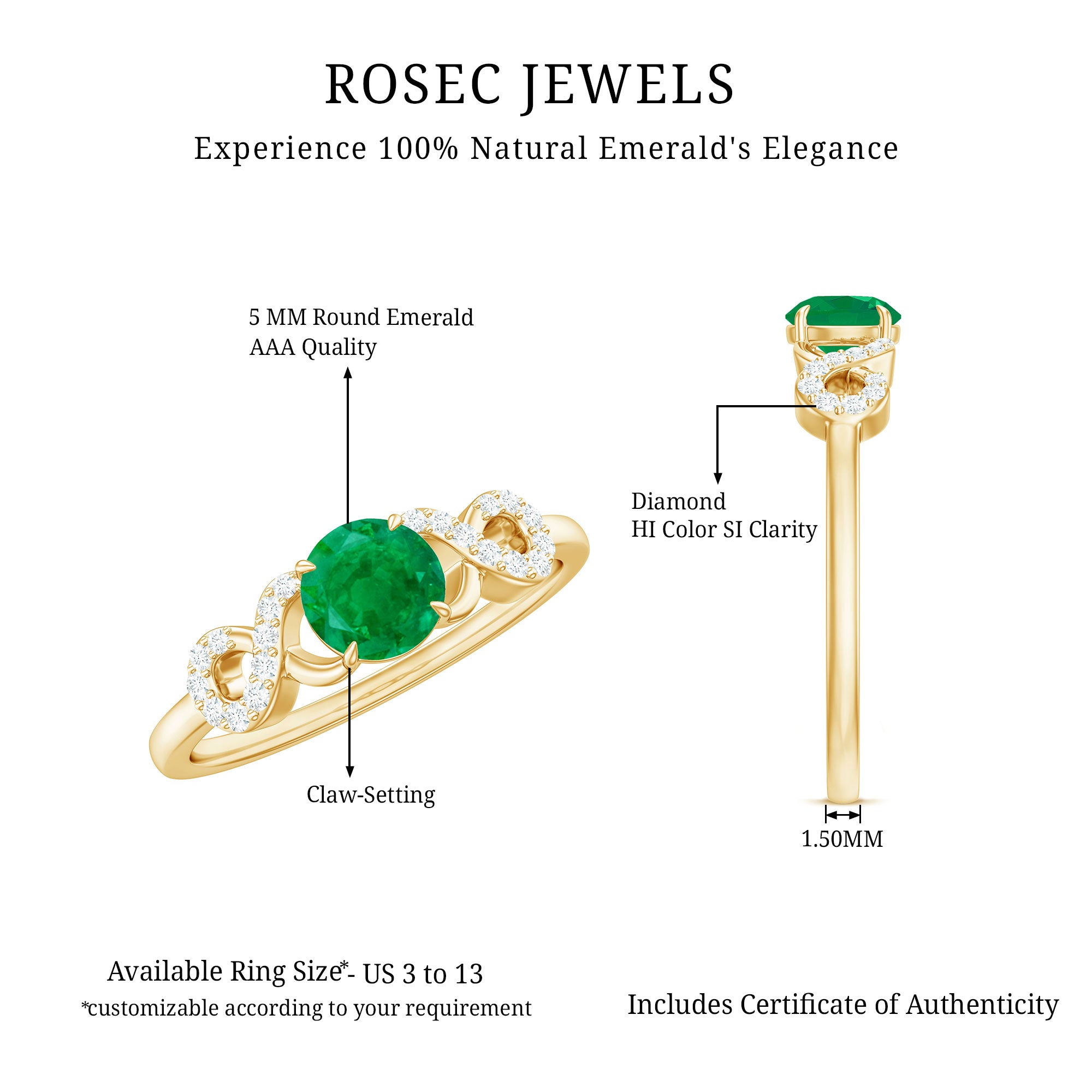 Real Emerald Diamond Promise Engagement Ring with Criss Cross Shank AAA - Rosec Jewels