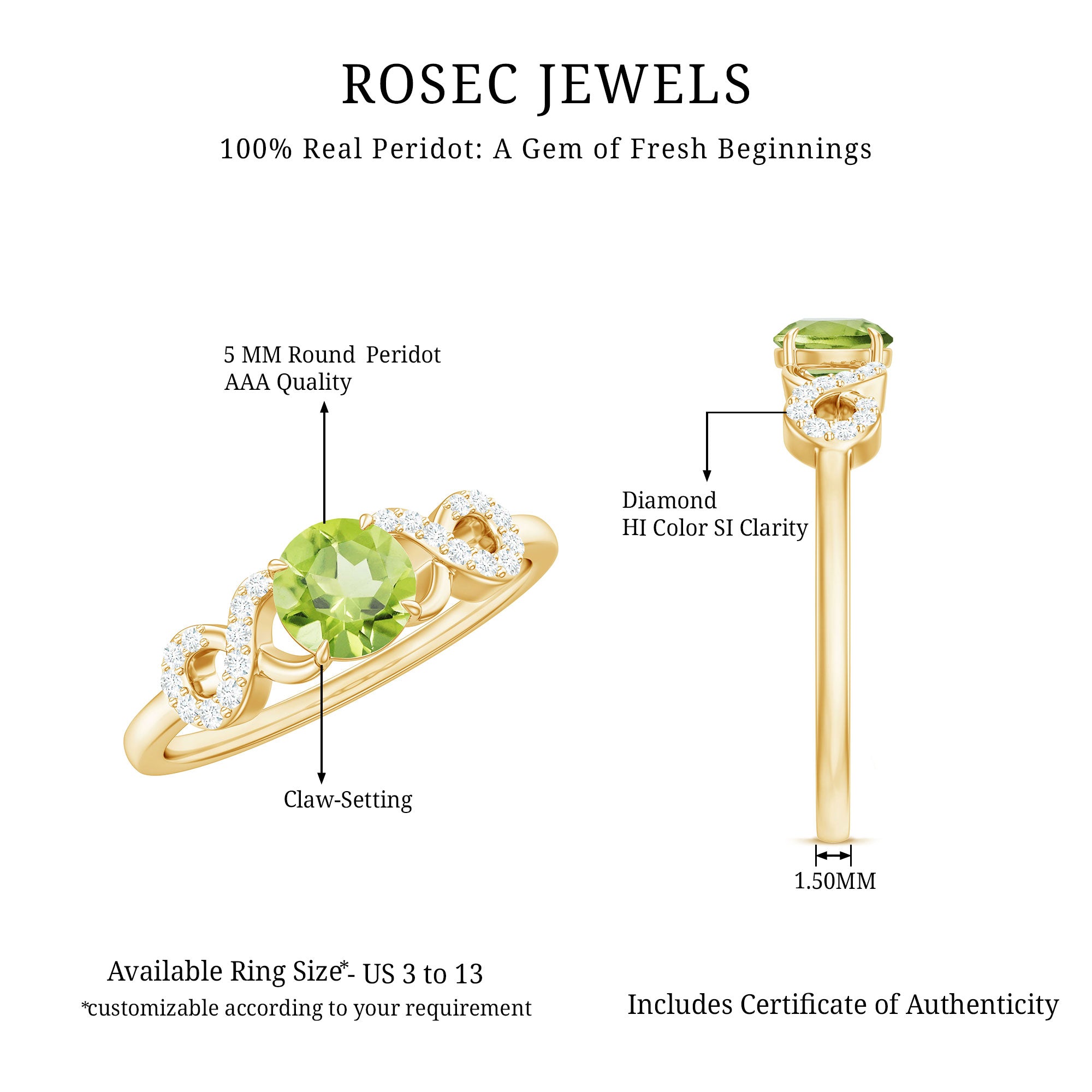 Rosec Jewels-Half Carat Peridot Promise Ring with Diamond Infinity Knot
