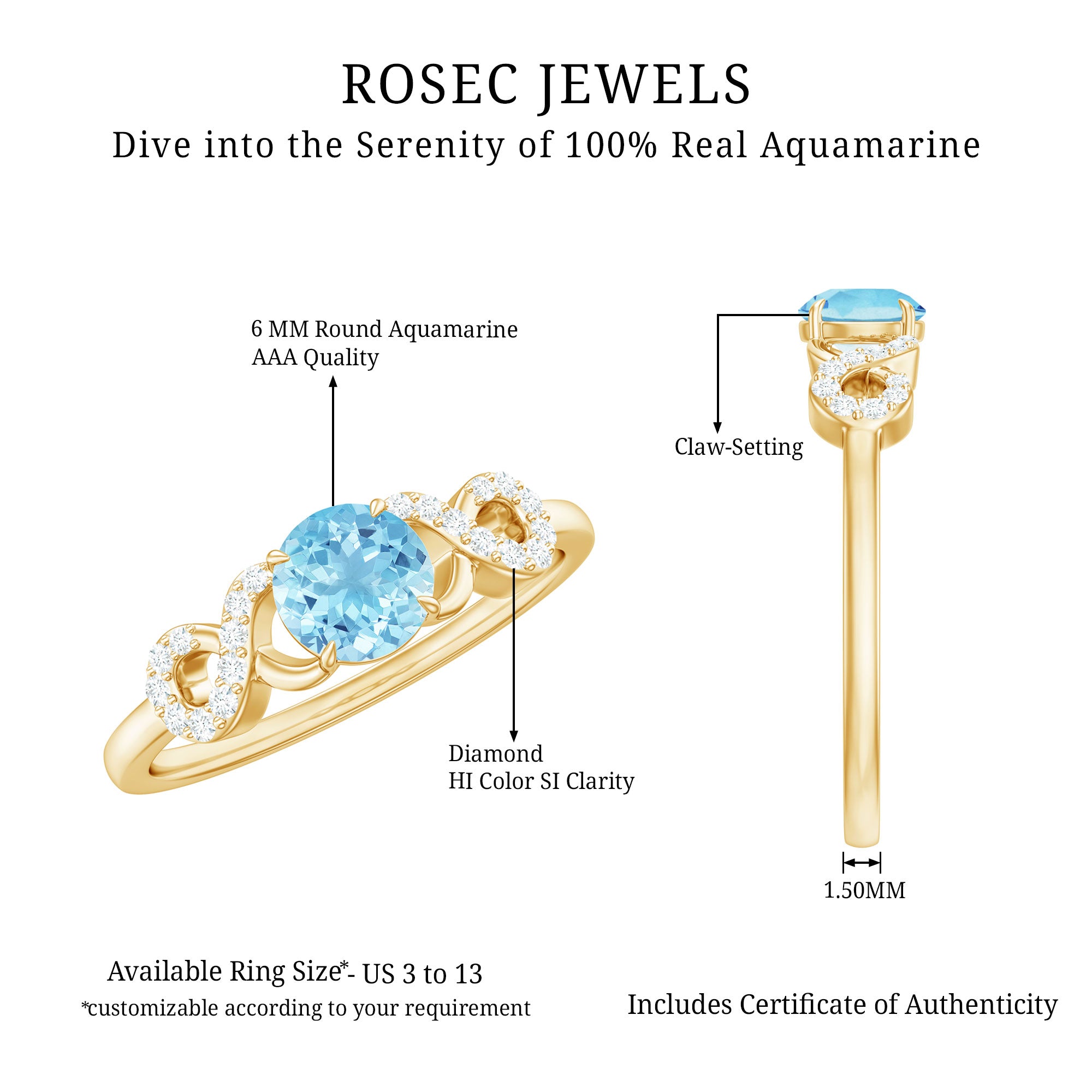 Rosec Jewels-Round Shape Aquamarine and Diamond Infinity Engagement Ring