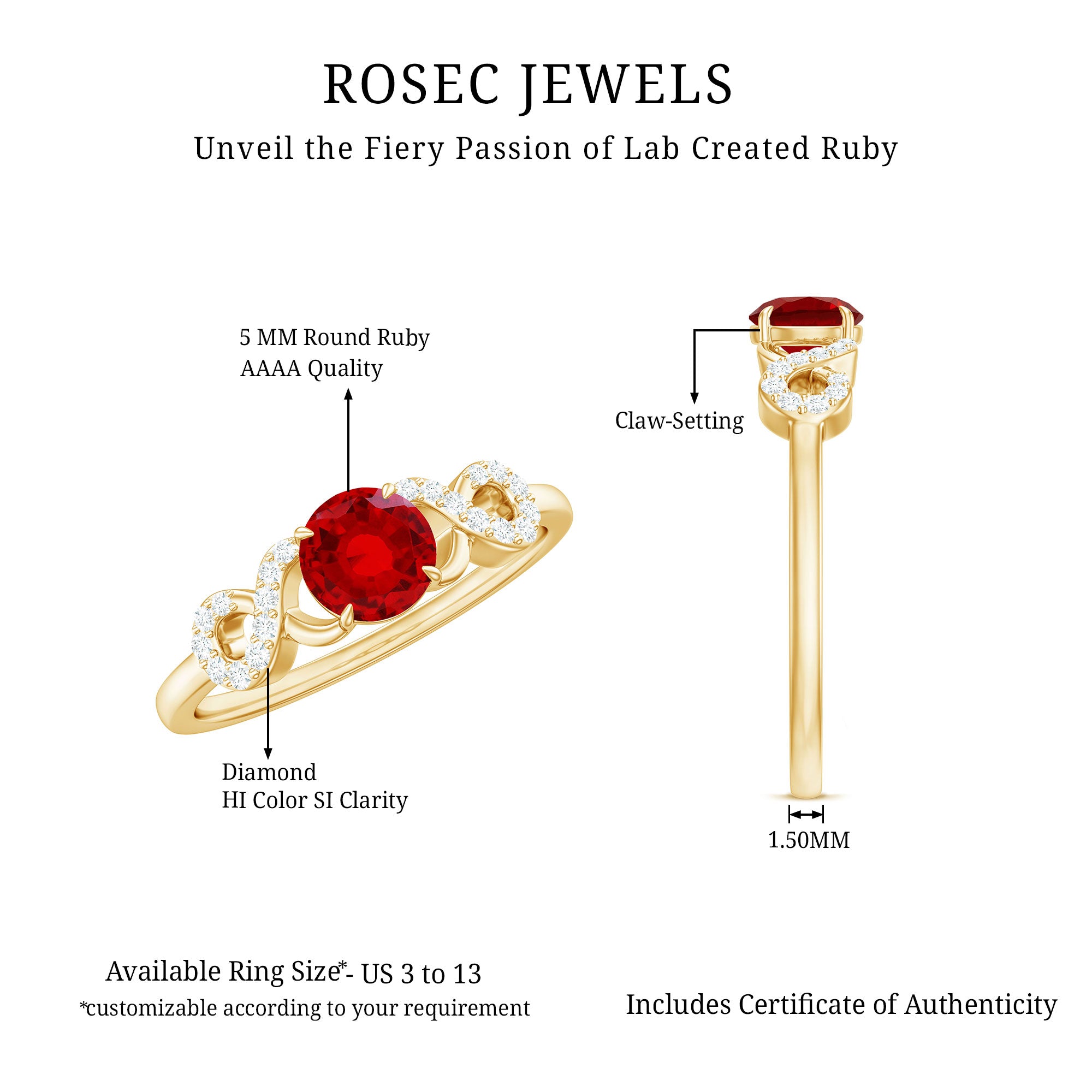 Certified 0.6 Carat Lab Grown Ruby Promise Ring with Diamond Infinity Knot AAAA - Rosec Jewels