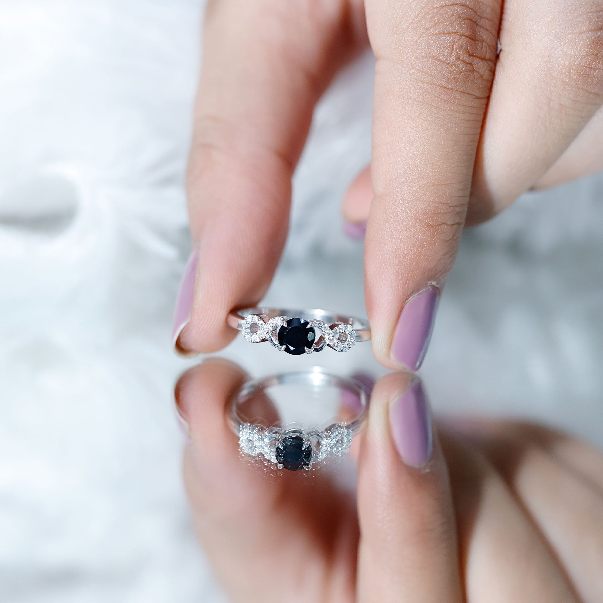 1/2 CT Black Onyx and Diamond Criss Cross Engagement Ring AAA - Rosec Jewels