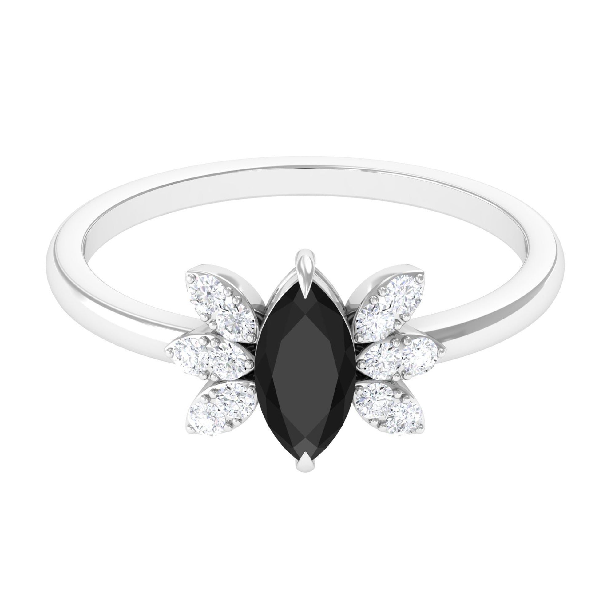 1 CT Claw Set Marquise Black Spinel and Diamond Promise Ring